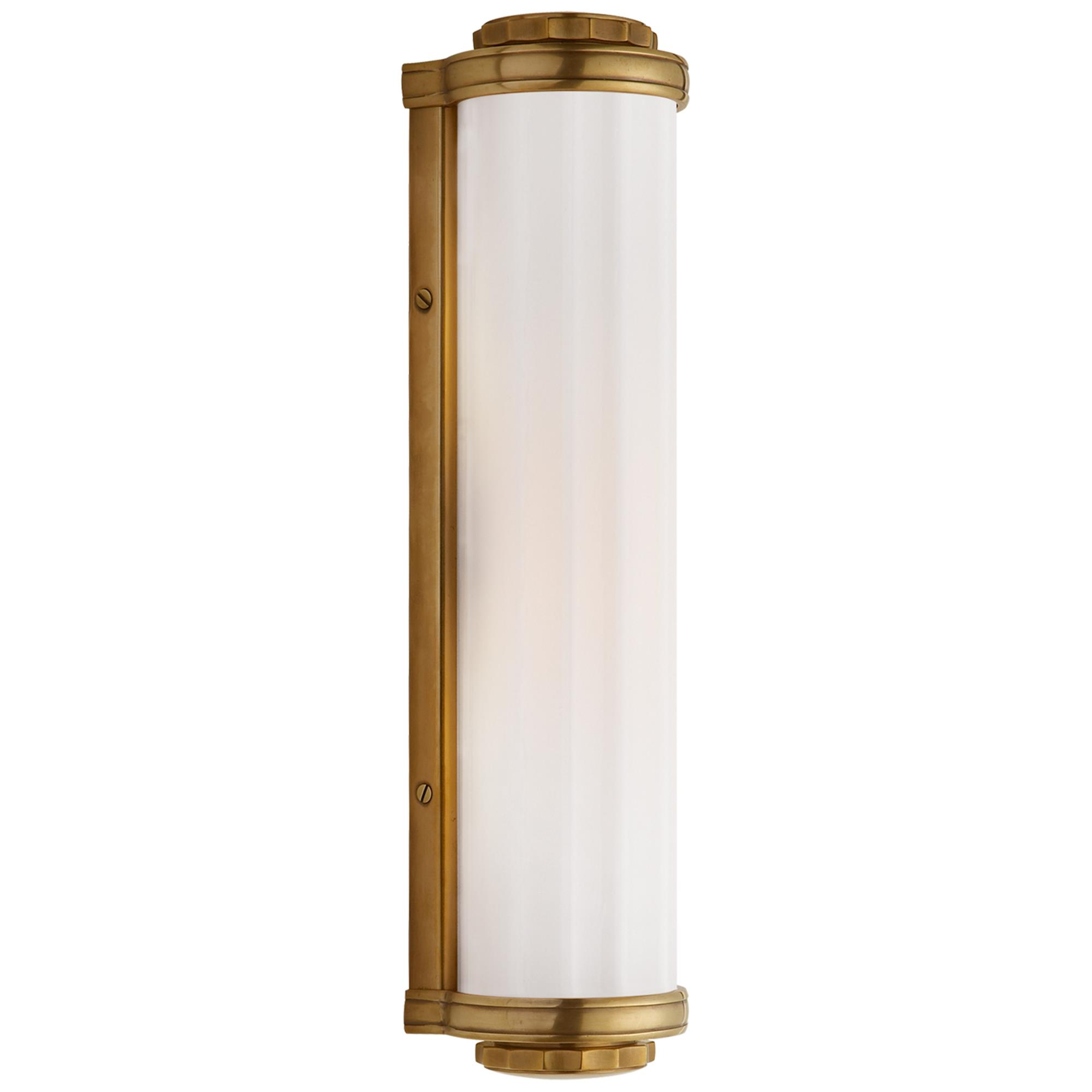 Shown in Hand-Rubbed Antique Brass finish and White glass