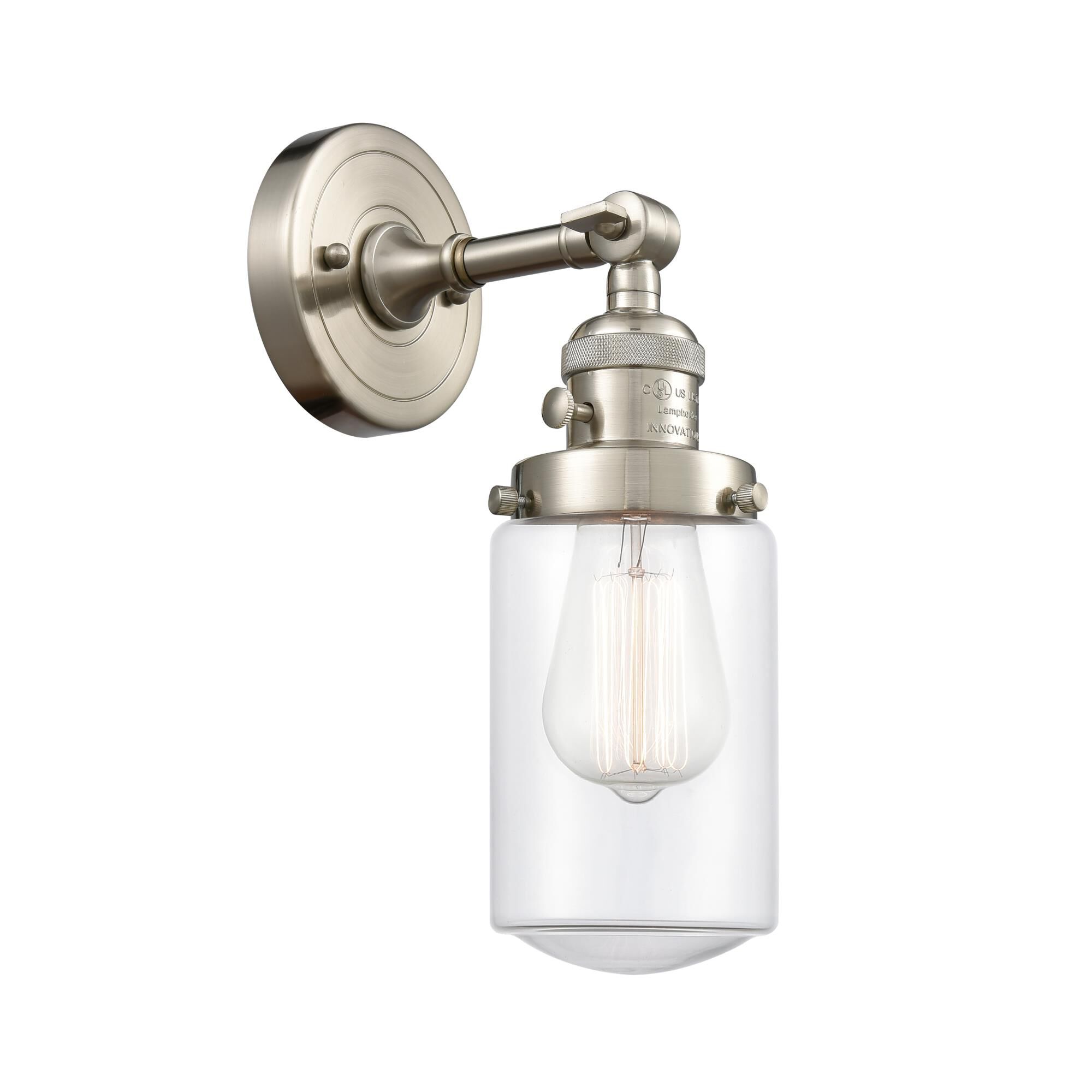 Shown in Brushed Satin Nickel finish and Transparent  Clear Dover glass and Bulb Tint - Amber accent