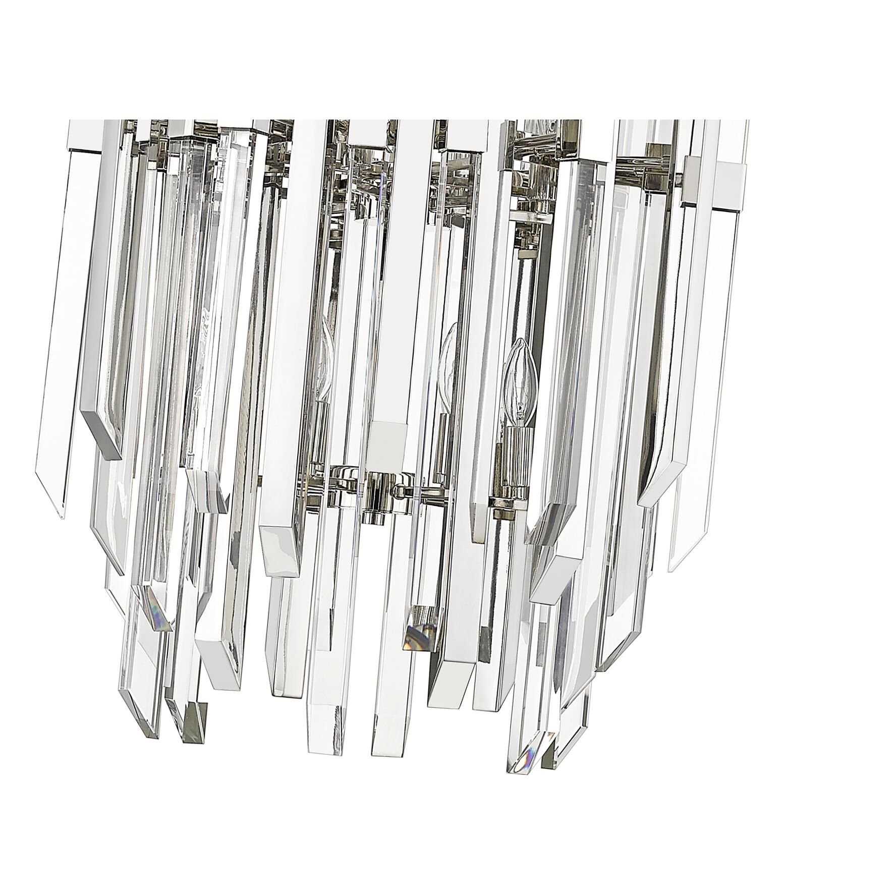 Shown in Polished Nickel finish and Crystal glass and Crystal shade