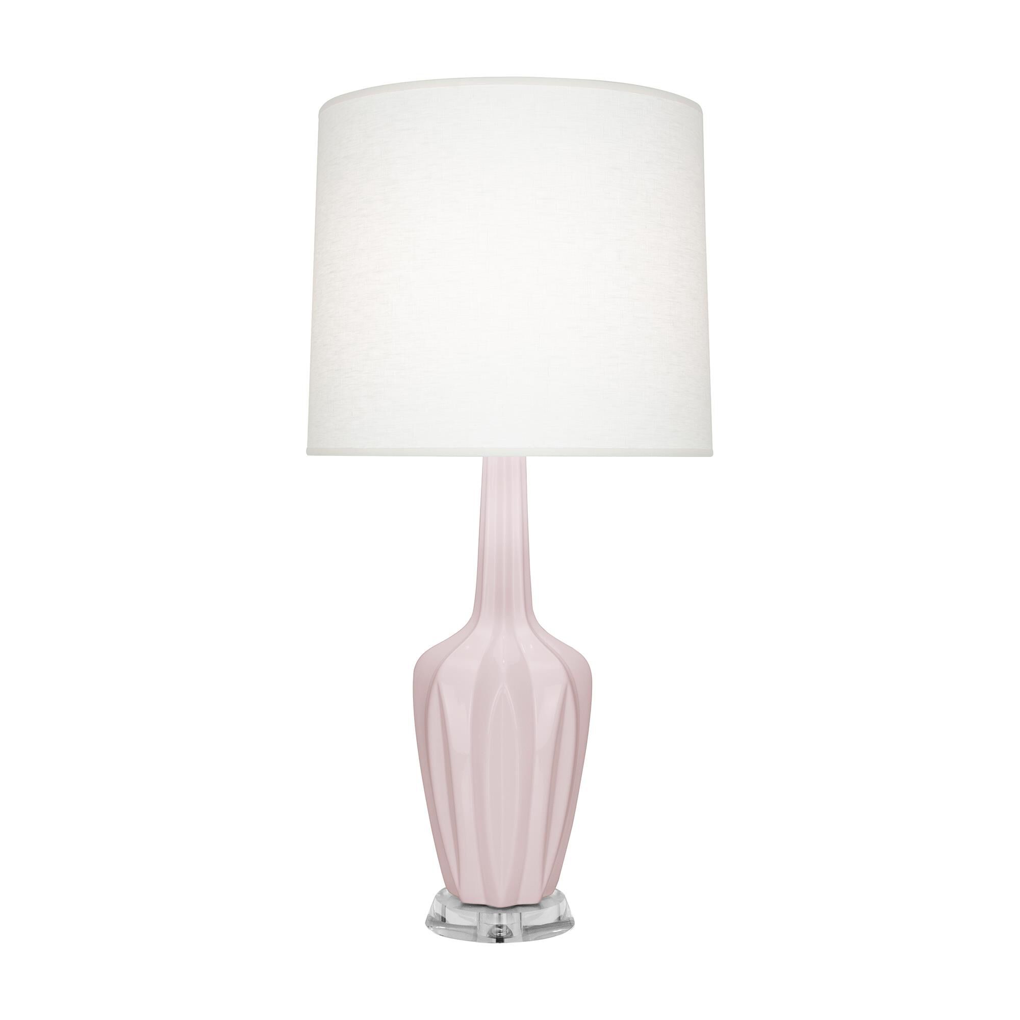 Shown in Rose Water Glazed finish and Oyster Linen shade and Lucite accent
