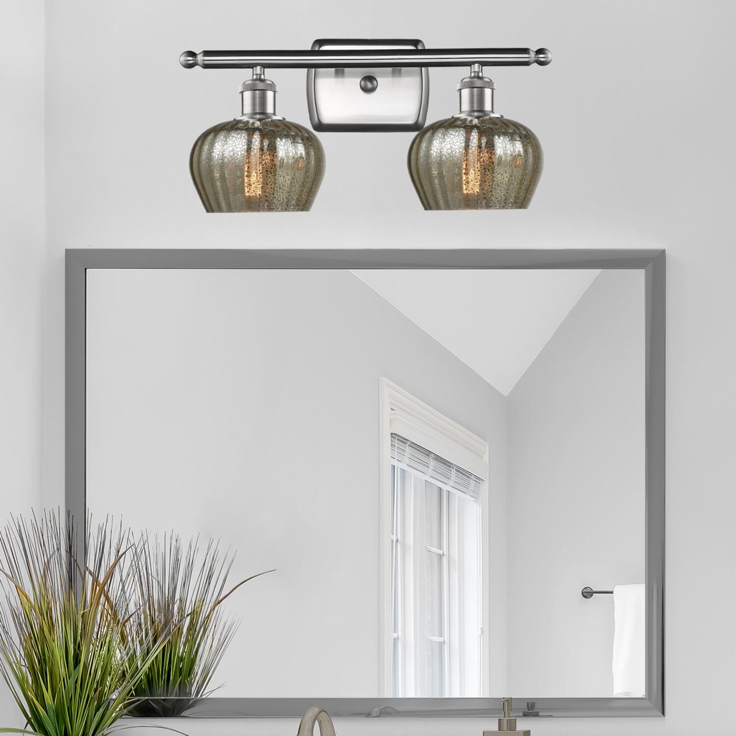 Shown in Brushed Satin Nickel finish and Mercury Fluted glass