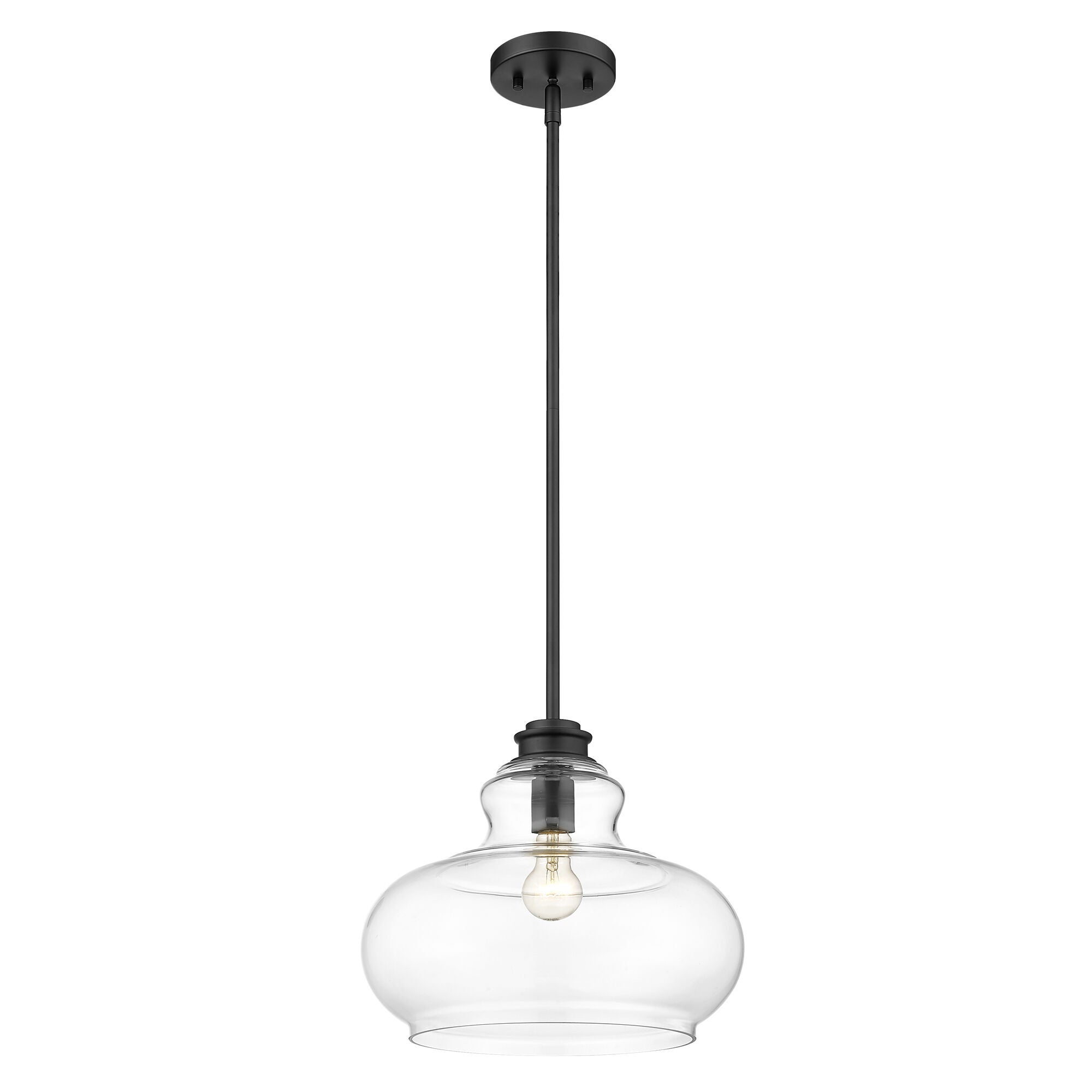 Shown in Matte Black finish and Clear glass and Clear, Urn Shaped Glass Globe shade