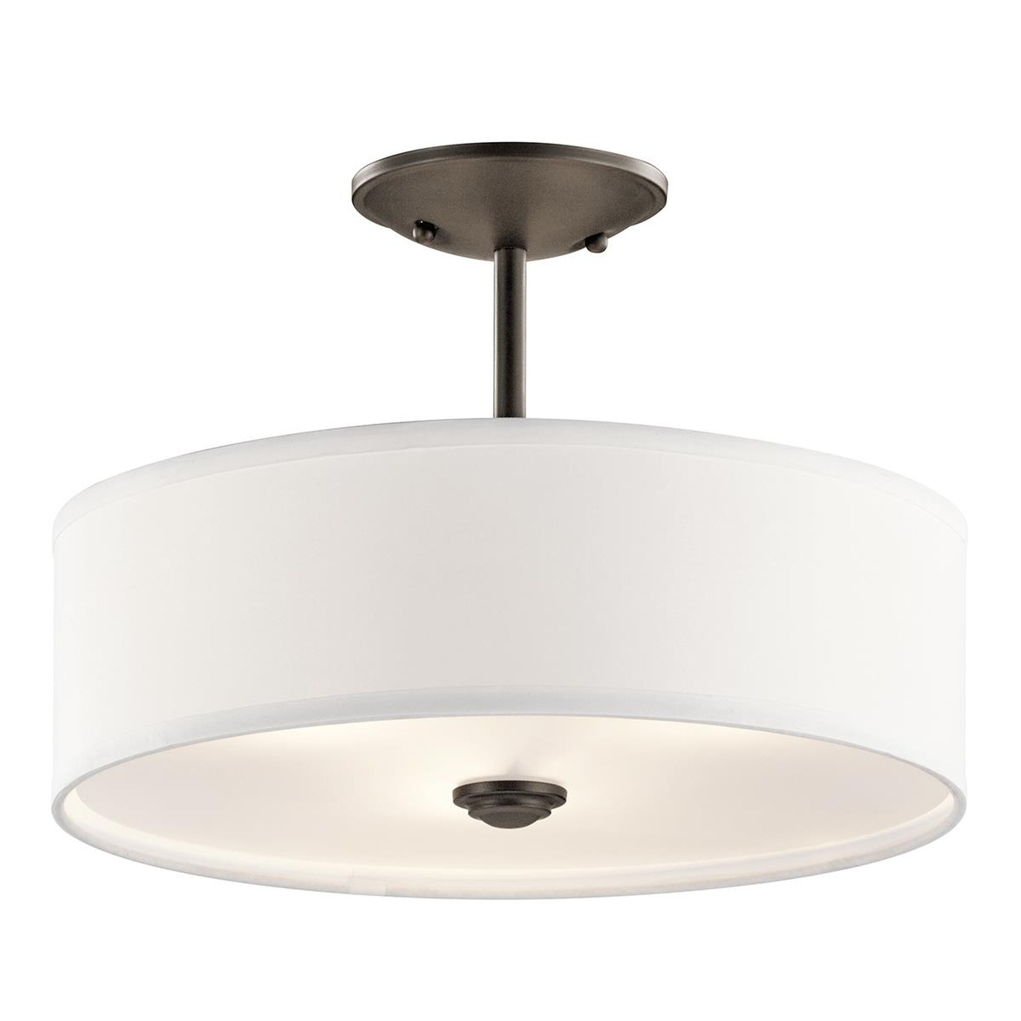 Shown in Olde Bronze finish and Satin Etched glass and White Micro-Fiber shade
