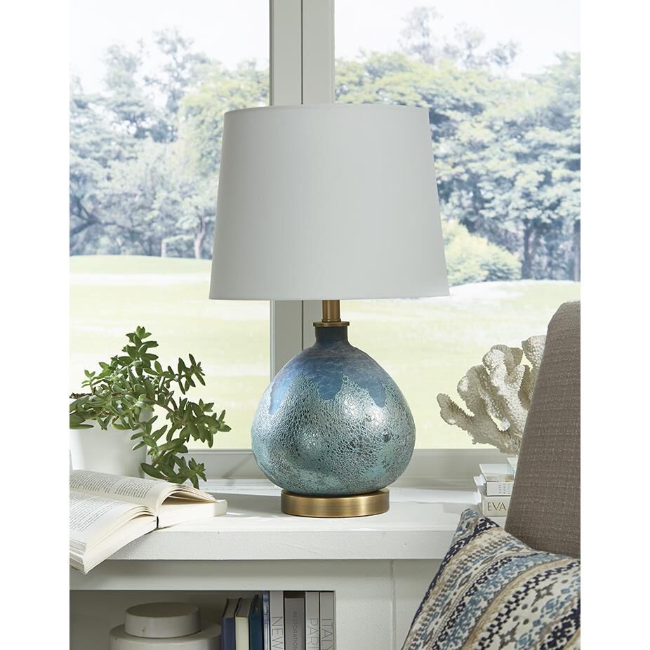 Shown in Brass finish and Cream glass and Cream Linen Tapered Drum shade