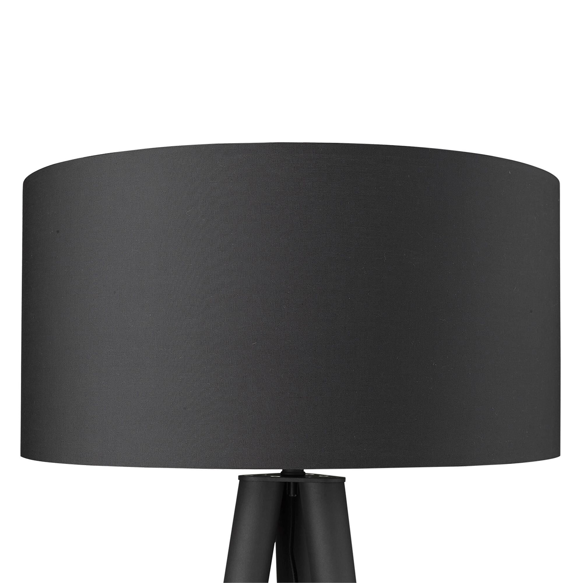 Shown in Matte Black finish and Black glass and Black Fabric Drum shade