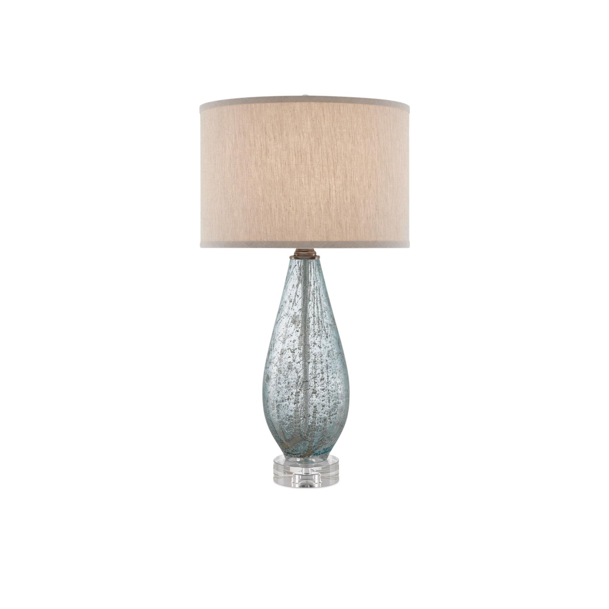Shown in Pale Blue Glass-Clear finish and Natural Linen shade