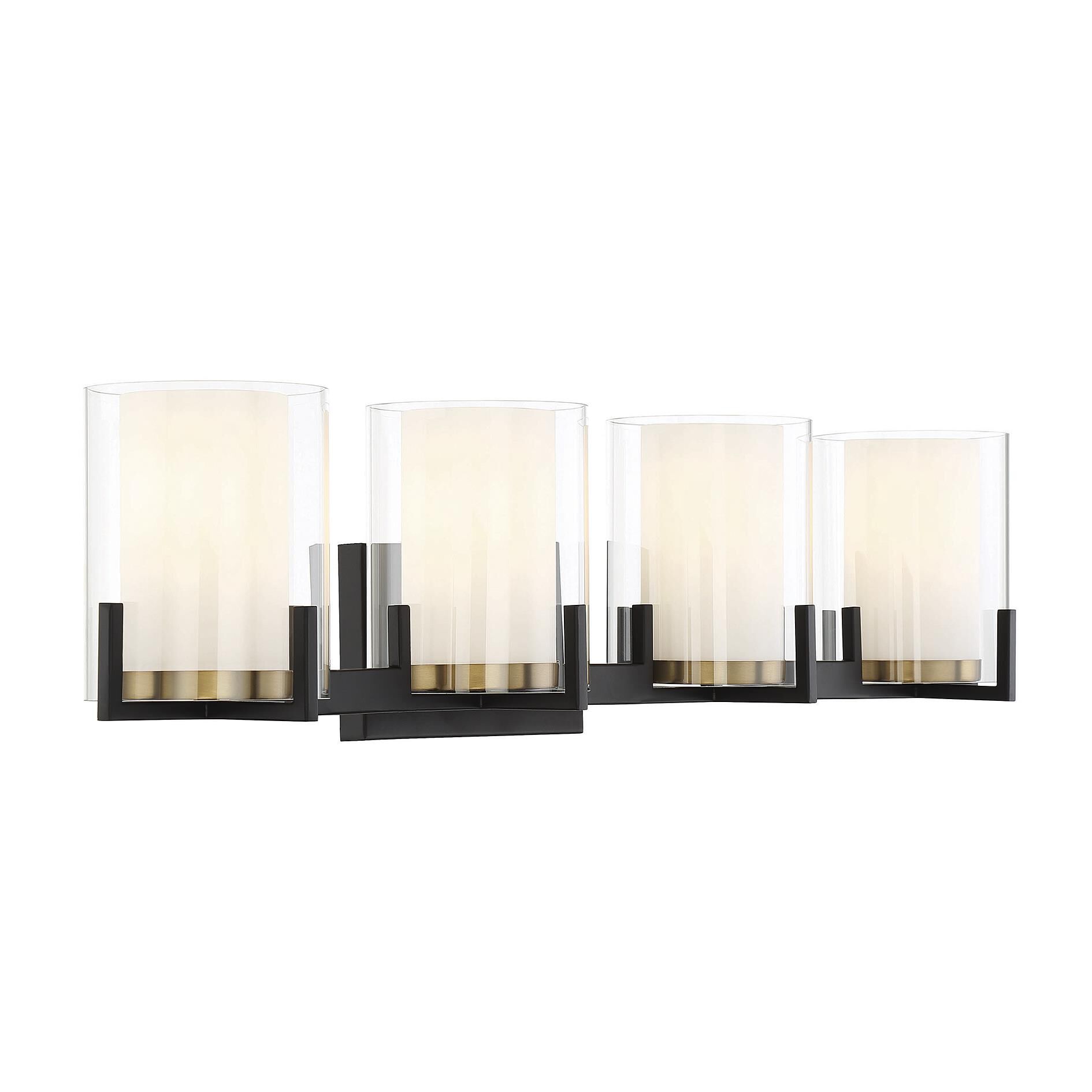 Shown in Matte Black With Warm Brass Accents finish and Clear Outer , White Opal Chimney glass and Glass shade