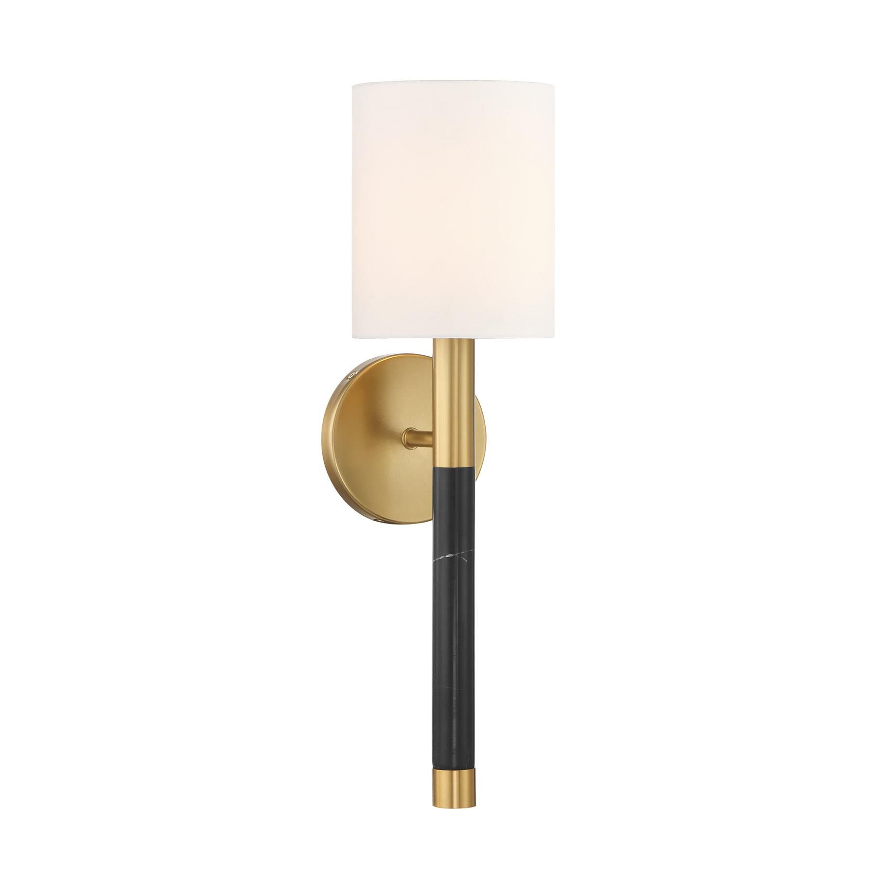 Shown in Warm Brass finish and White Fabric shade and Black Marble accent