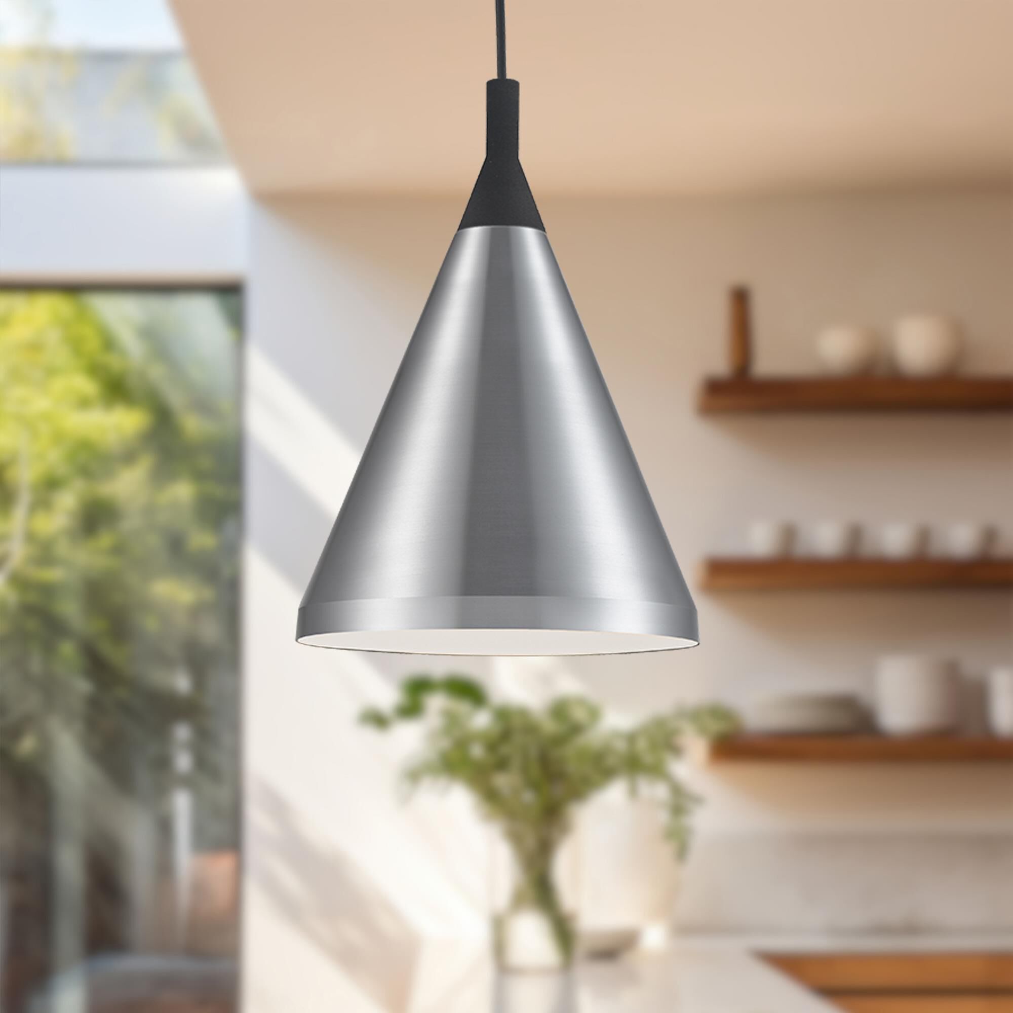 Shown in Brushed Nickel - Black finish and Aluminium shade