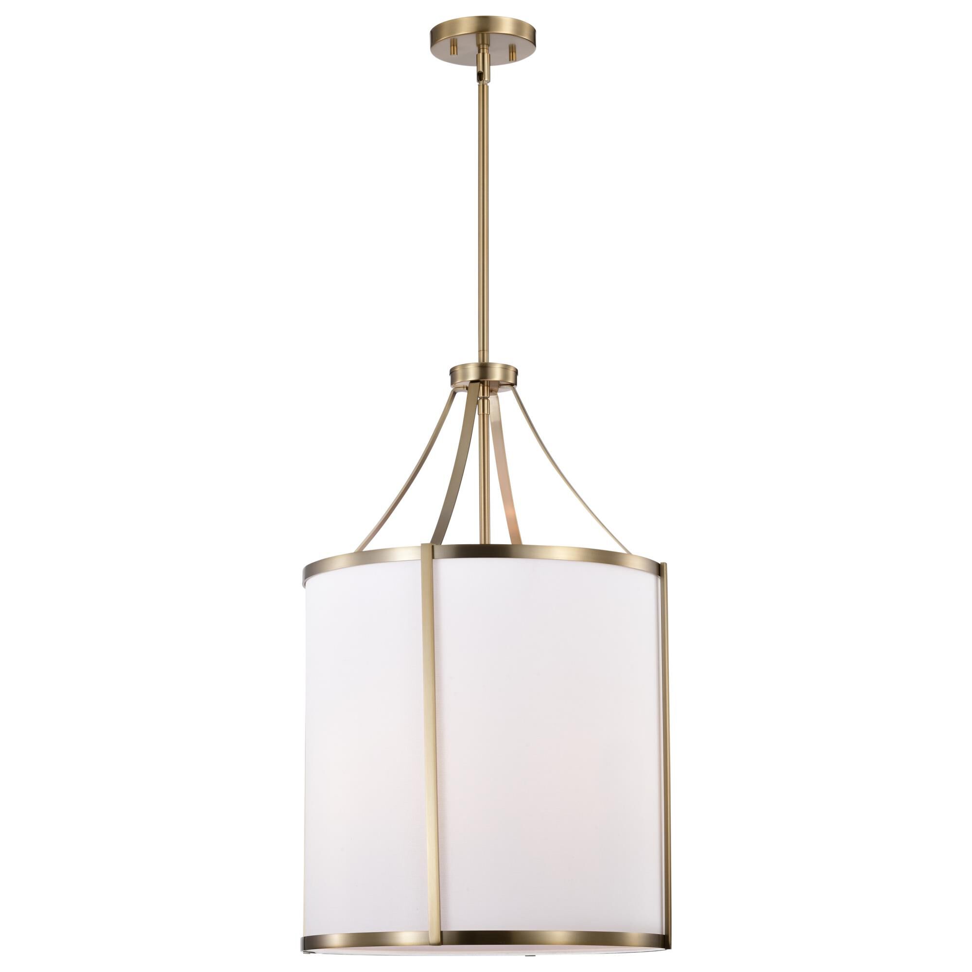Shown in Burnished Brass finish and White Linen shade