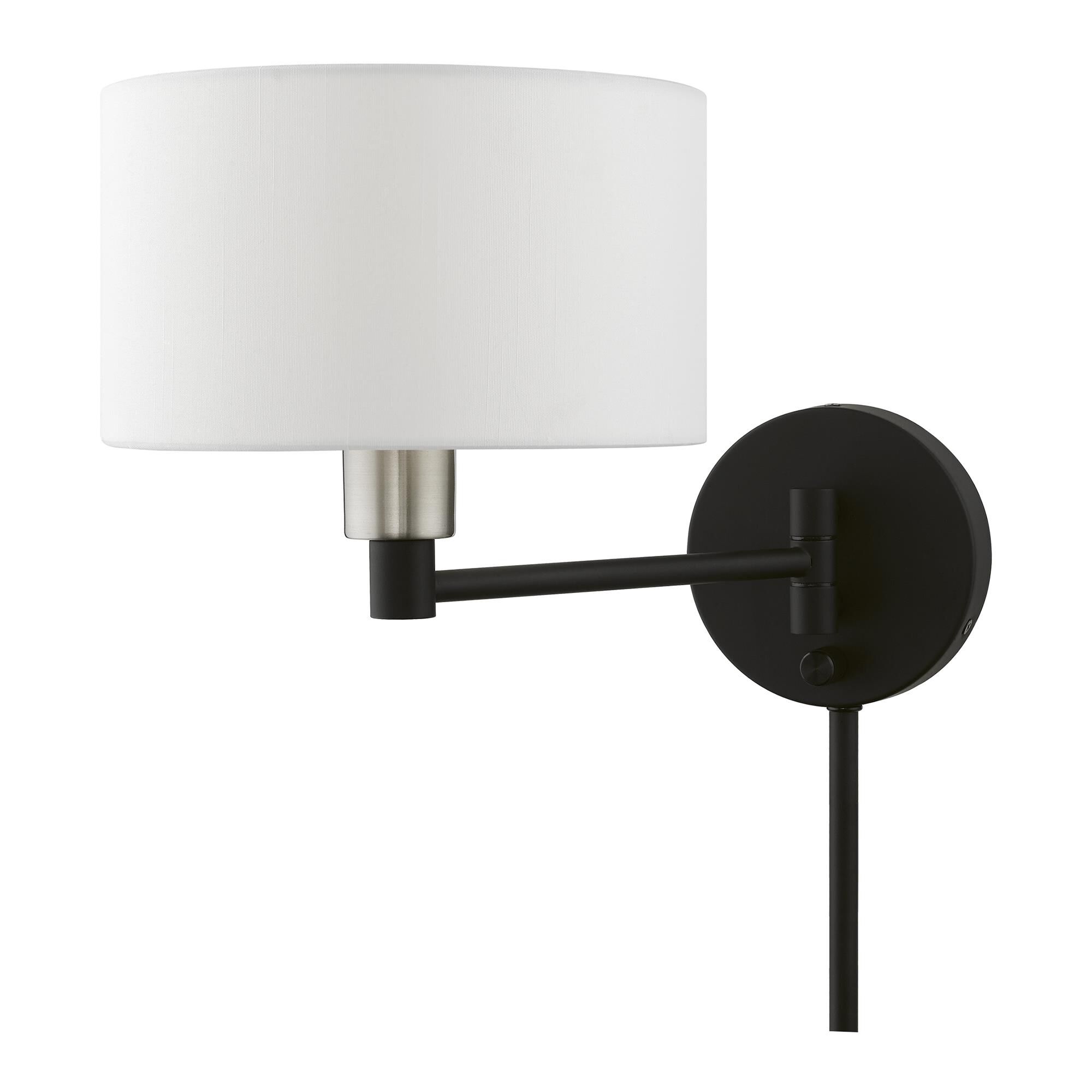 Shown in Black with Brushed Nickel Accent finish and Hand Crafted Off-White Hardback Fabric shade