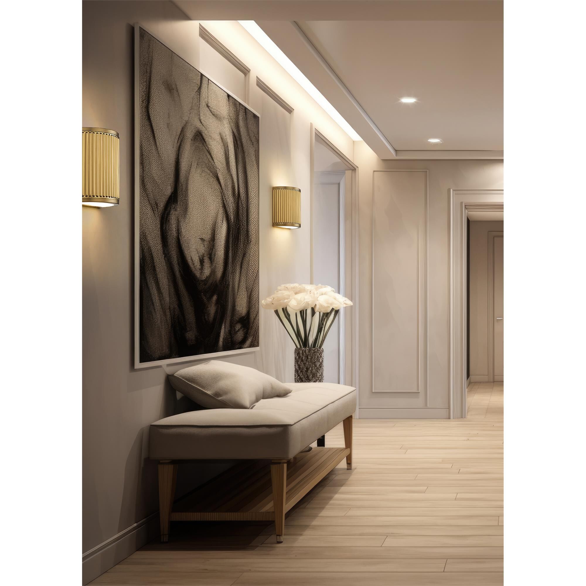 Shown in Modern Gold finish and Frosted glass and Frosted shade