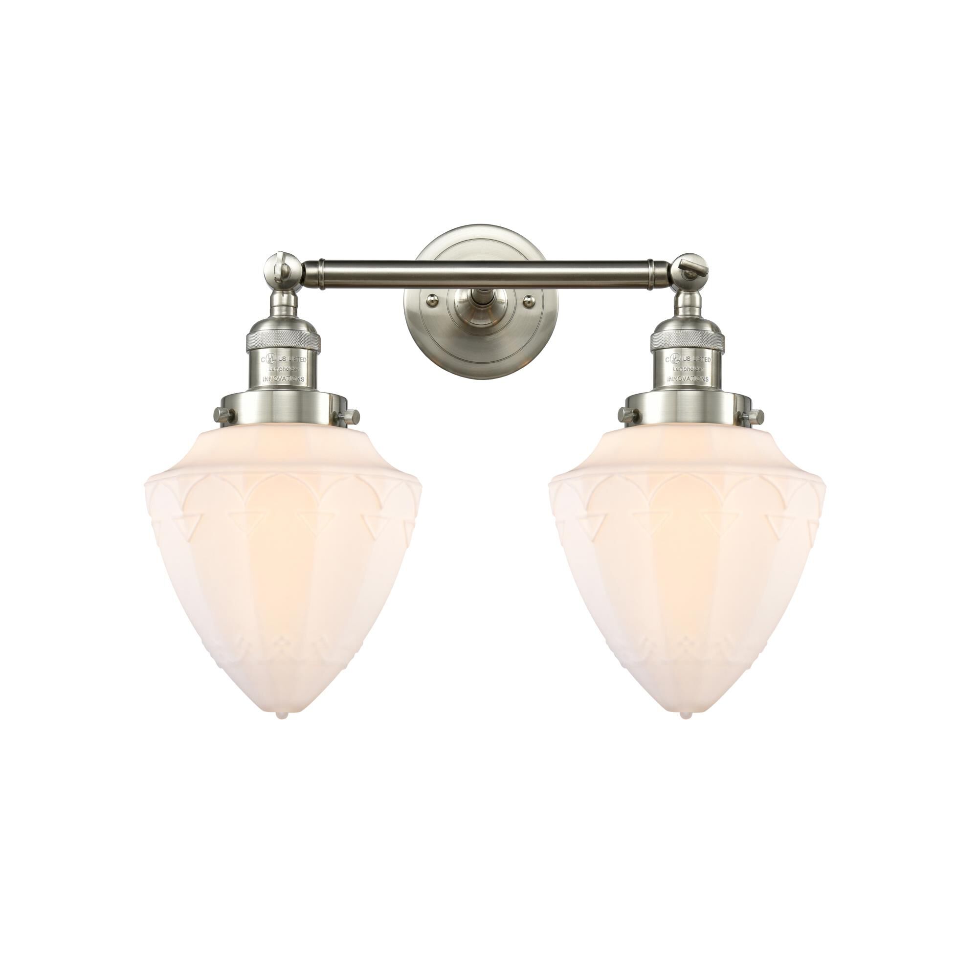 Shown in Brushed Satin Nickel finish and Matte White Cased Small Bullet glass