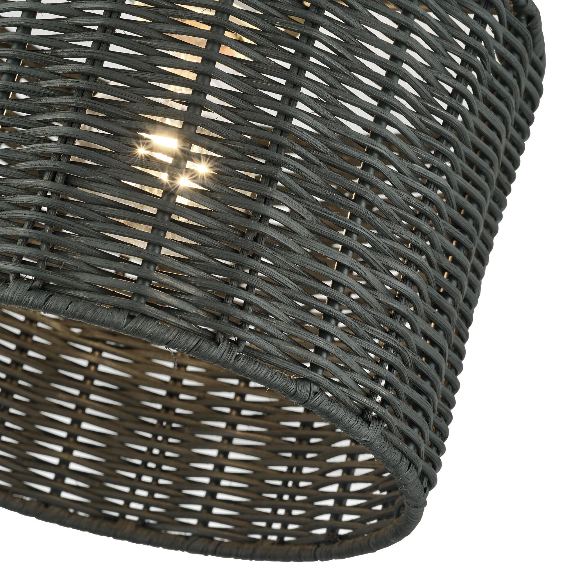 Shown in Black finish and Hand-Woven Charred Gray Color Rattan shade