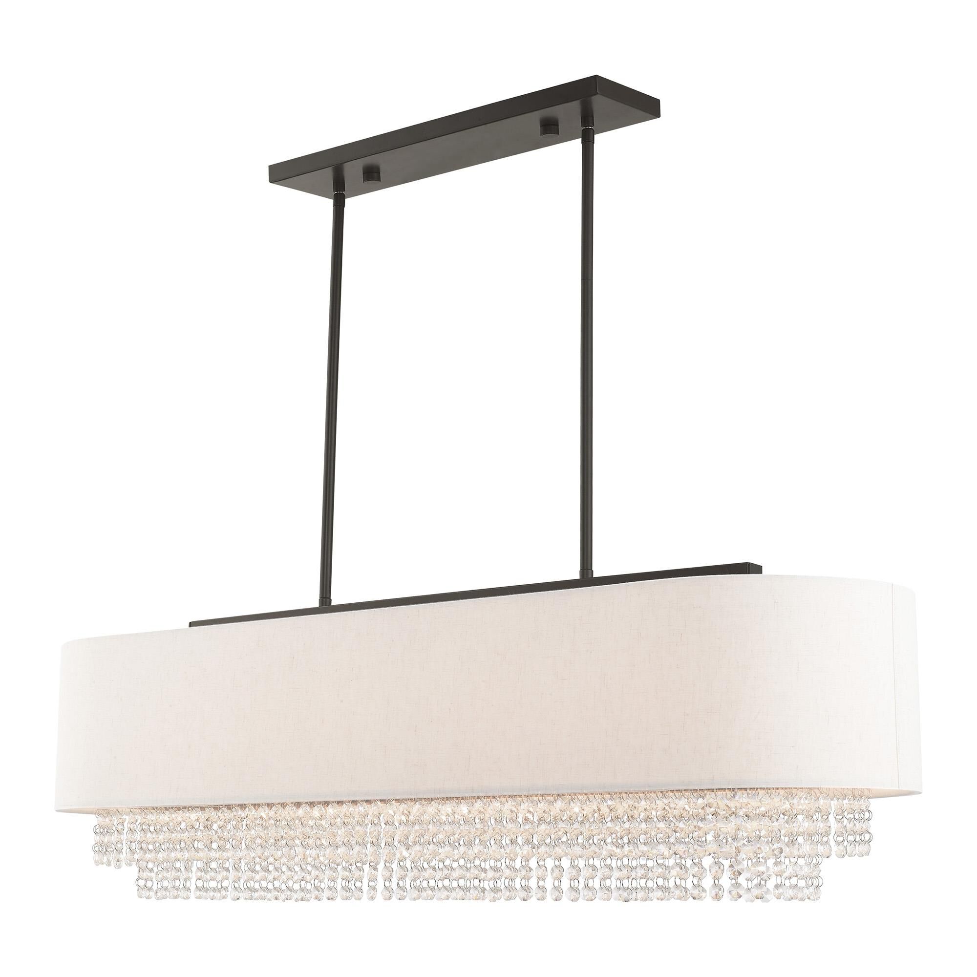 Shown in English Bronze finish and Clear Crystals with Hand Crafted Oatmeal Fabric Hardback shade