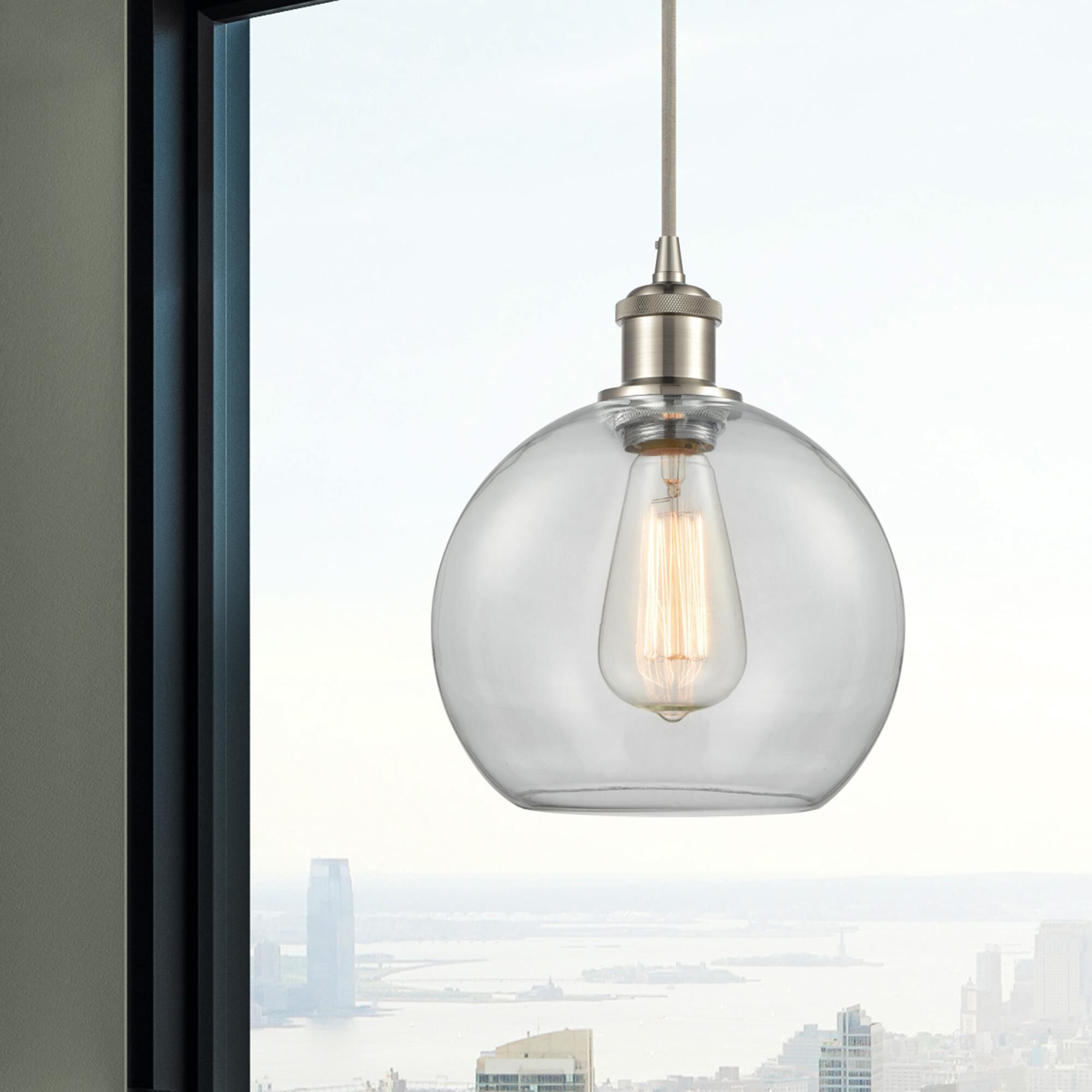 Shown in Brushed Satin Nickel finish and Clear glass