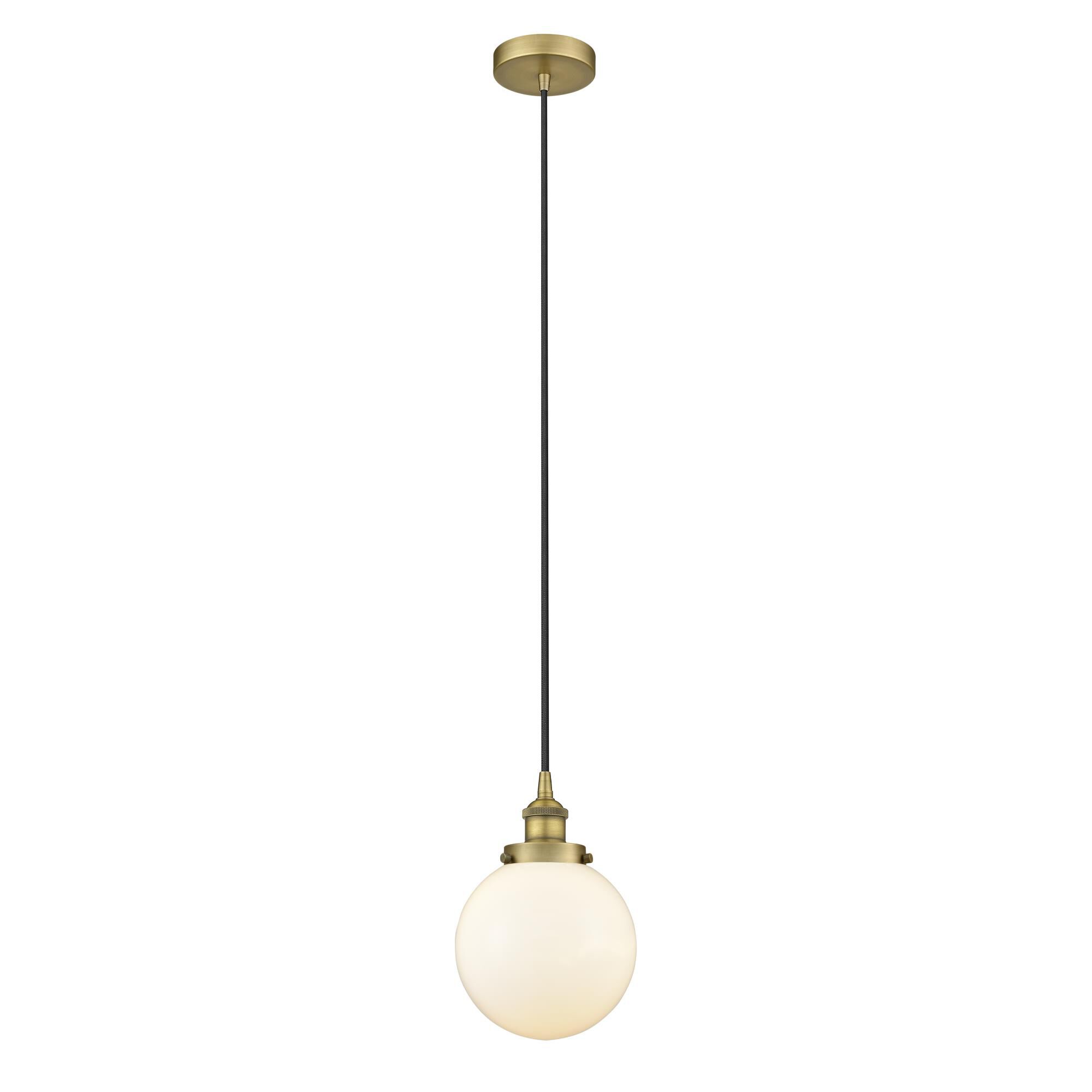 Shown in Brushed Brass finish and Matte White Cased Beacon glass