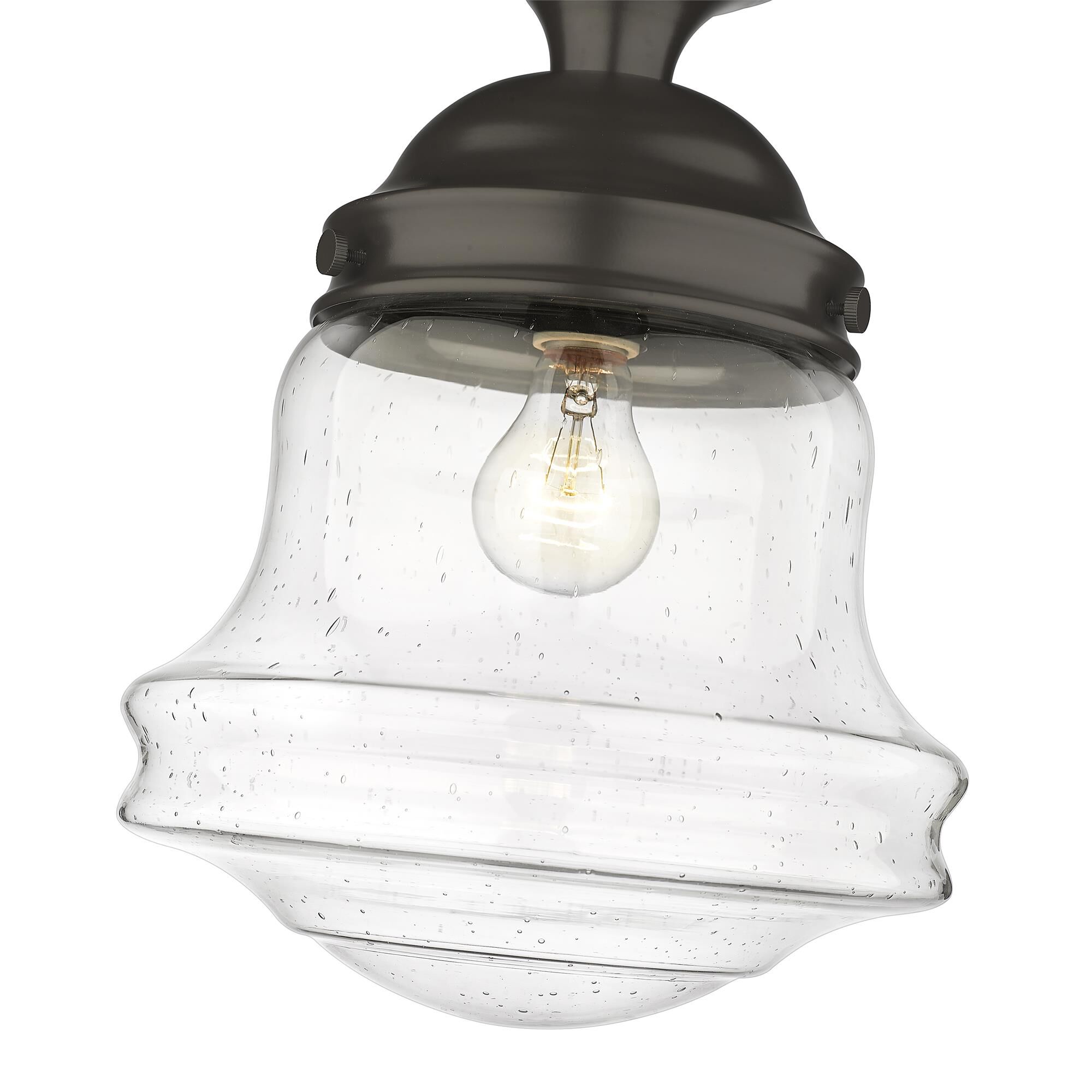 Shown in Bronze finish and Clear Seedy glass
