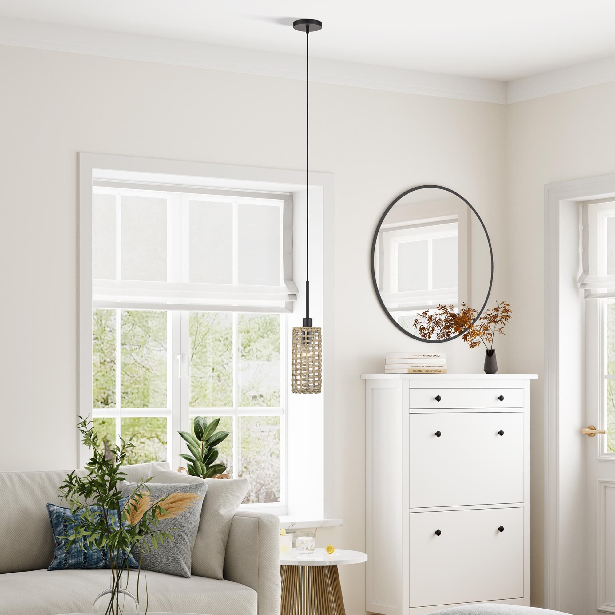 Shown in Bronze finish and Hand-Woven French Beige Paper Rope On Top Of Clear shade