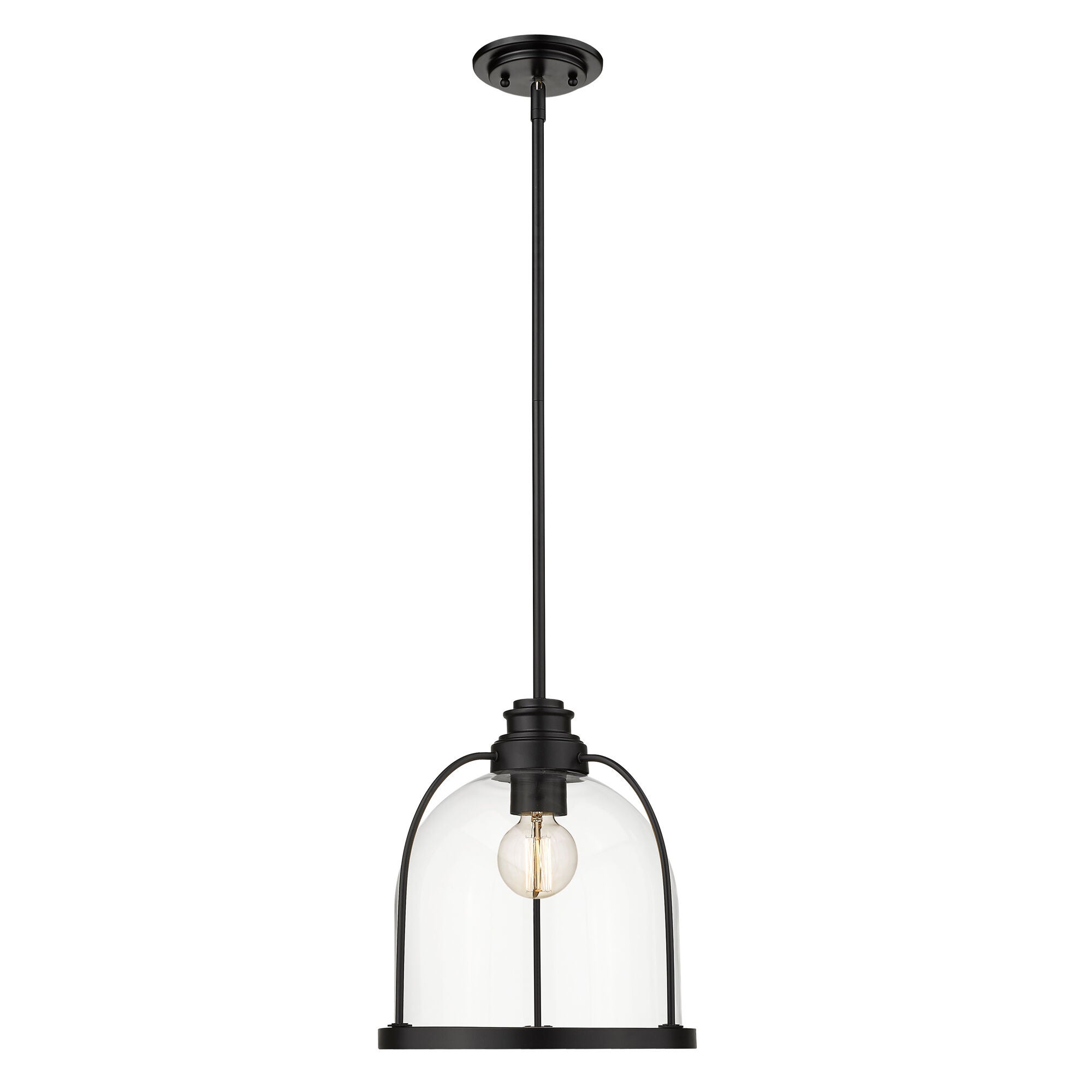 Shown in Matte Black finish and Clear glass and Clear, Dome Shaped Glass Globe shade