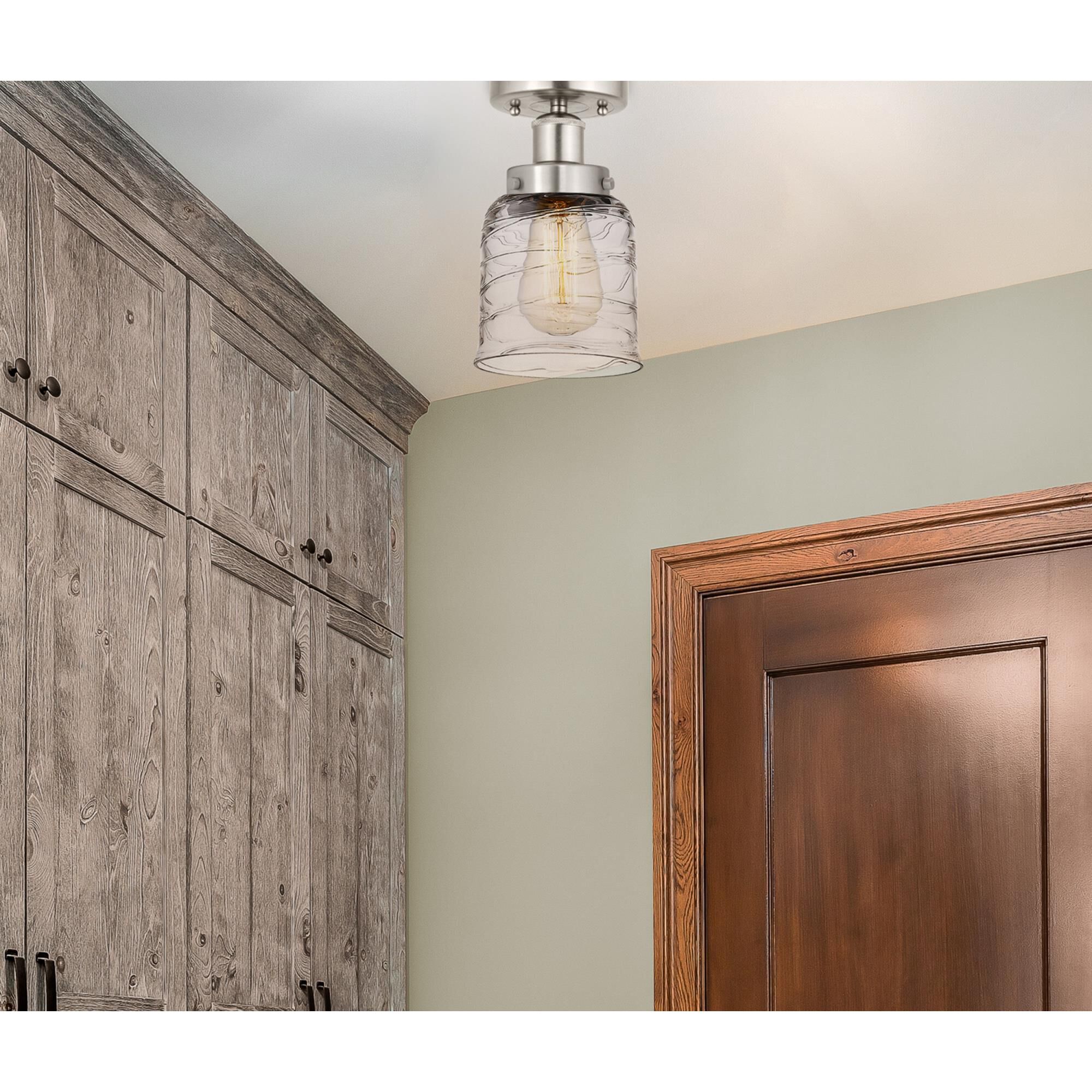 Shown in Brushed Satin Nickel  finish and Deco Swirl shade