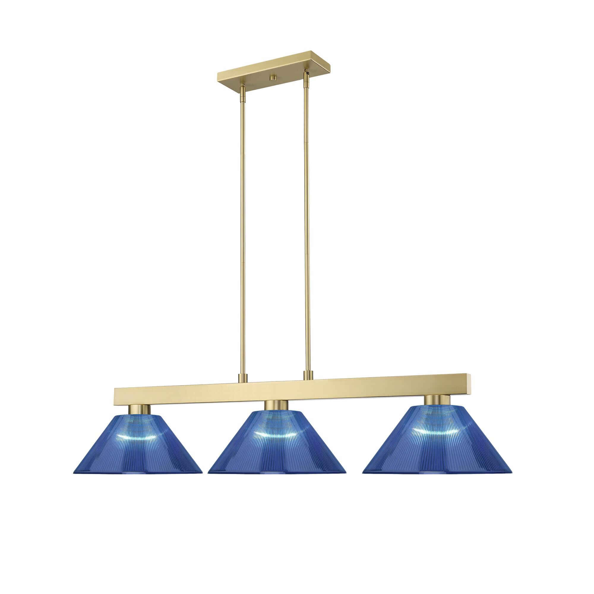 Shown in Modern Gold finish and Dark Blue glass and Dark Blue shade