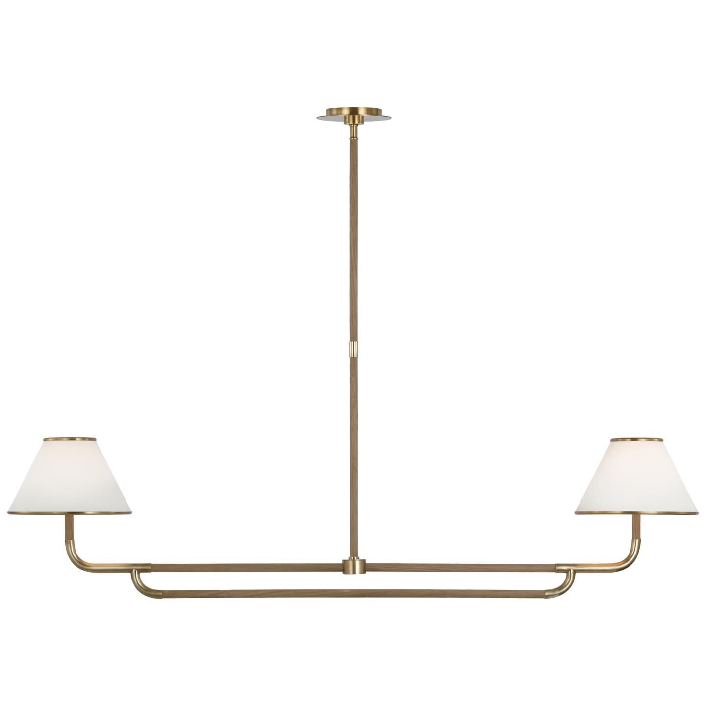 Shown in Soft Brass and Natural Oak finish and Linen shade
