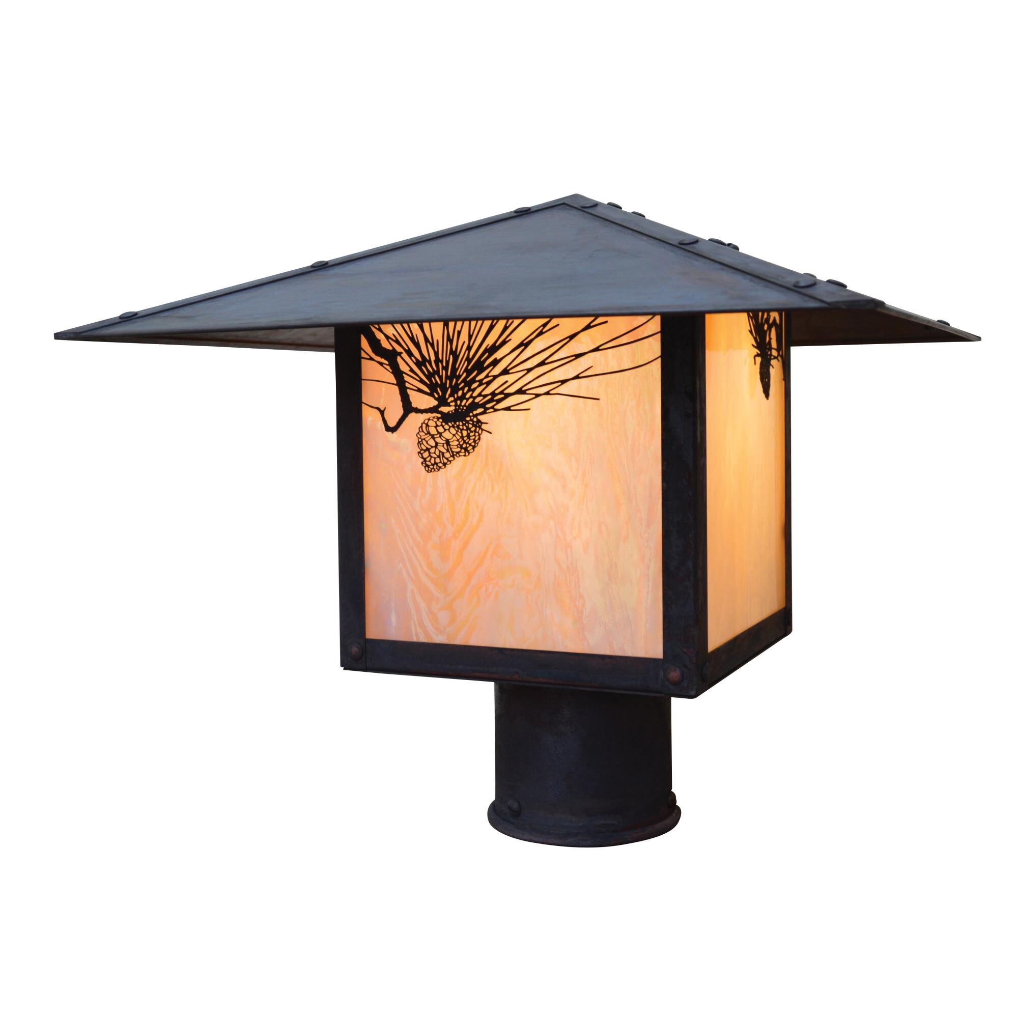 Shown in Mission Brown finish and Gold White Iridescent glass and Pine Needle accent