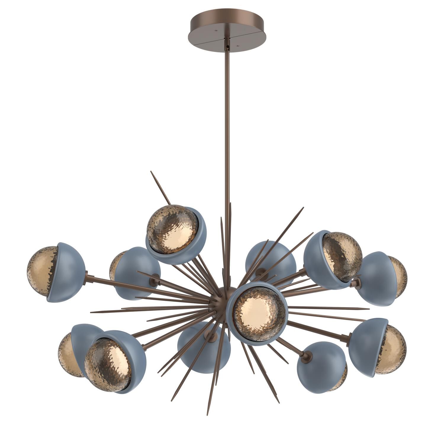 Shown in Burnished Bronze finish and Bronze glass and Poppy Blue accent