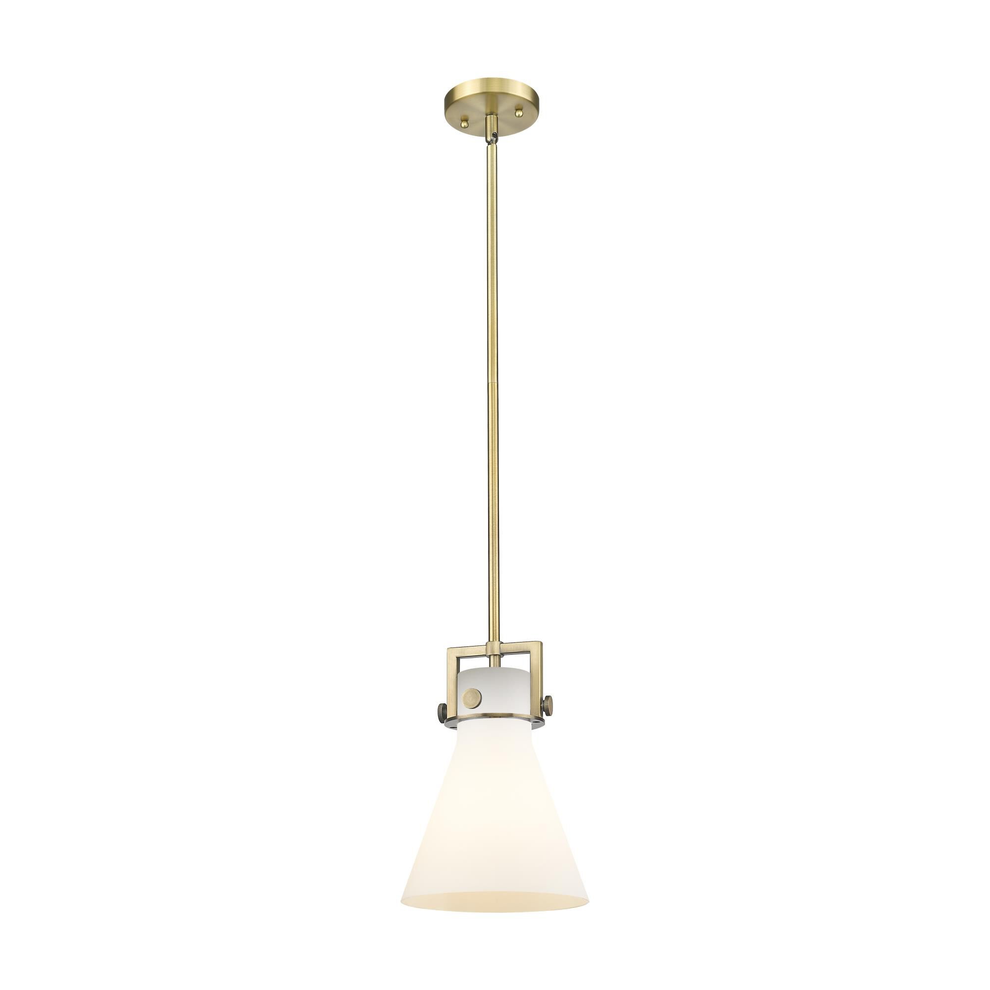 Shown in Brushed Brass finish and Matte White glass