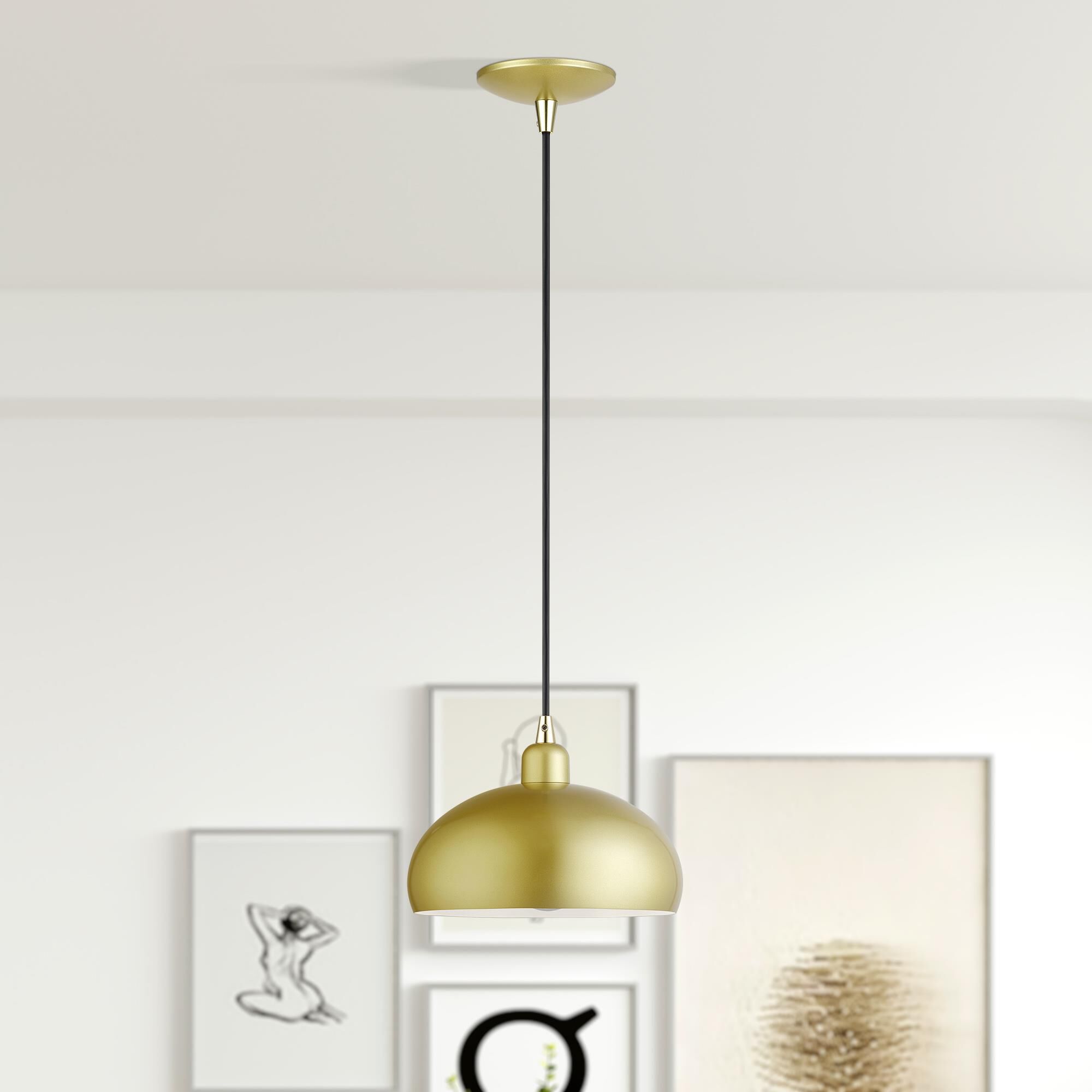 Shown in Soft Gold with Polished Brass Accents finish and Soft Gold Steel with Shiny White Inside shade