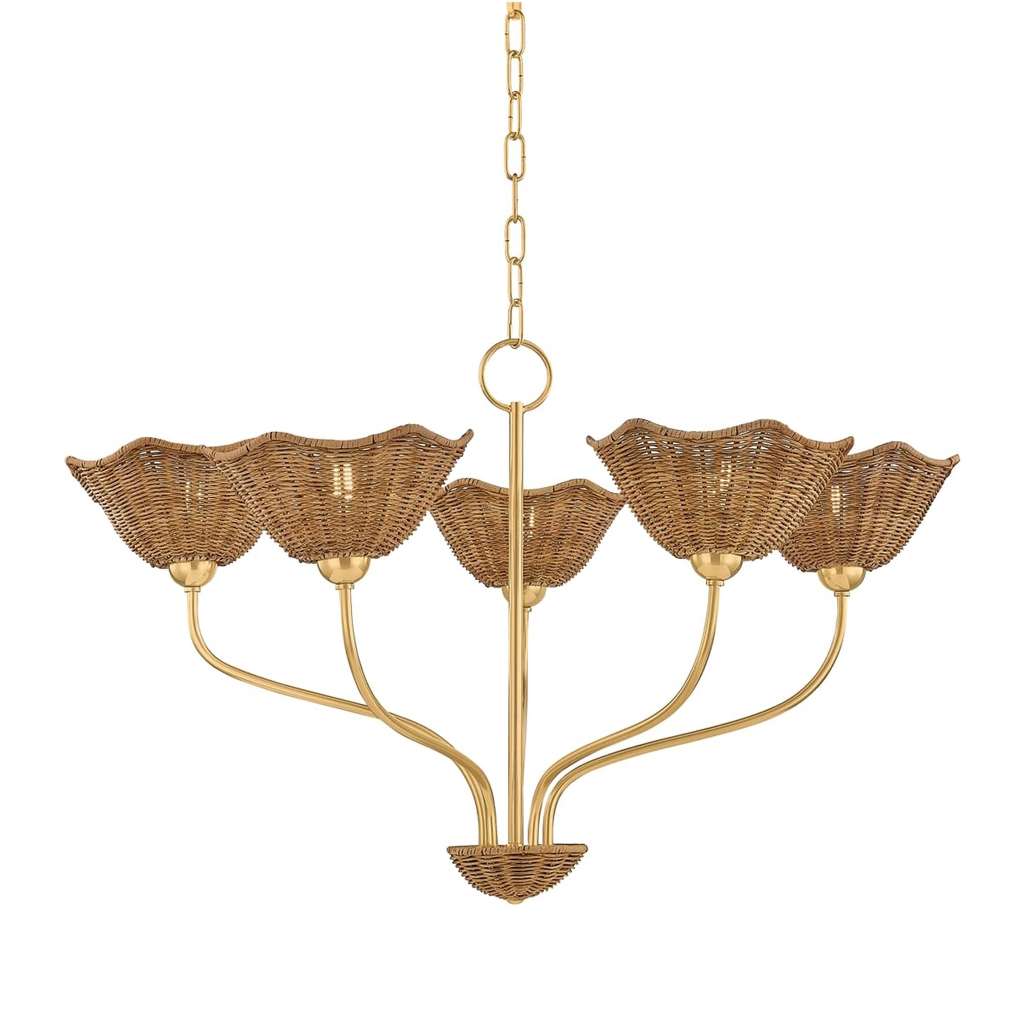 Shown in Aged Brass finish and Light Natural Wicker shade