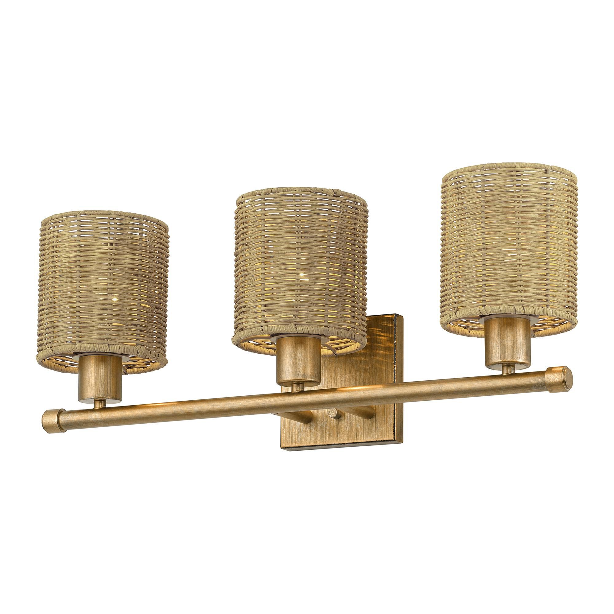 Shown in Antique Gold Leaf finish and Hand-Woven Rustic Walnut Color Rattan shade