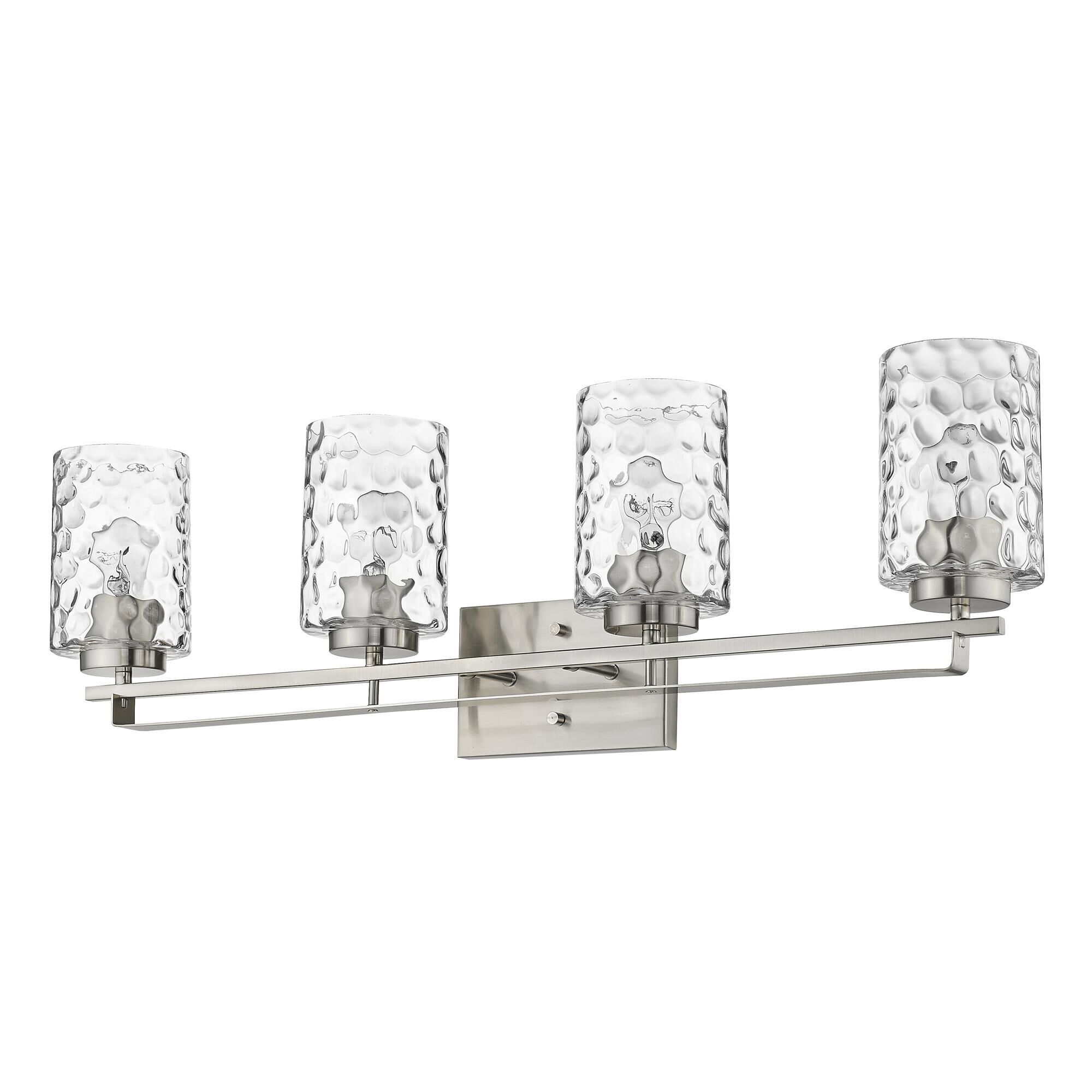 Shown in Satin Nickel finish and Clear glass and Clear, Optic Cylindrical Glass shade