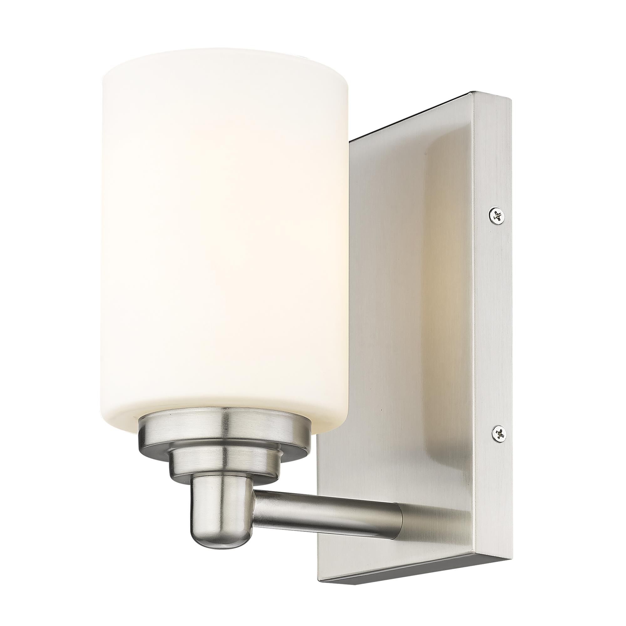 Shown in Brushed Nickel finish and White glass