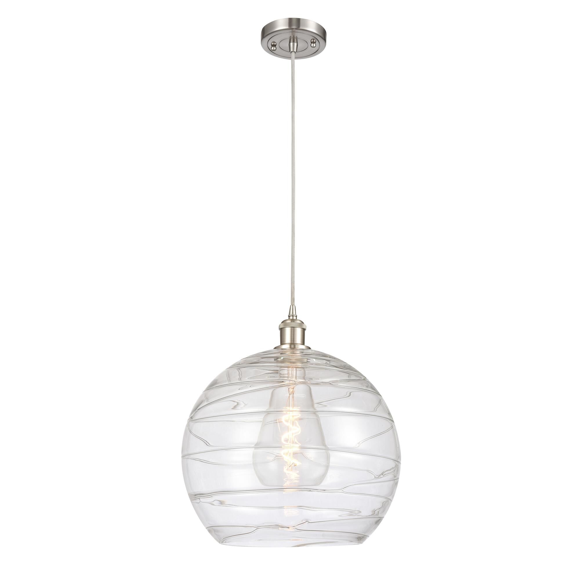 Shown in Brushed Satin Nickel finish and Clear Deco Swirl glass
