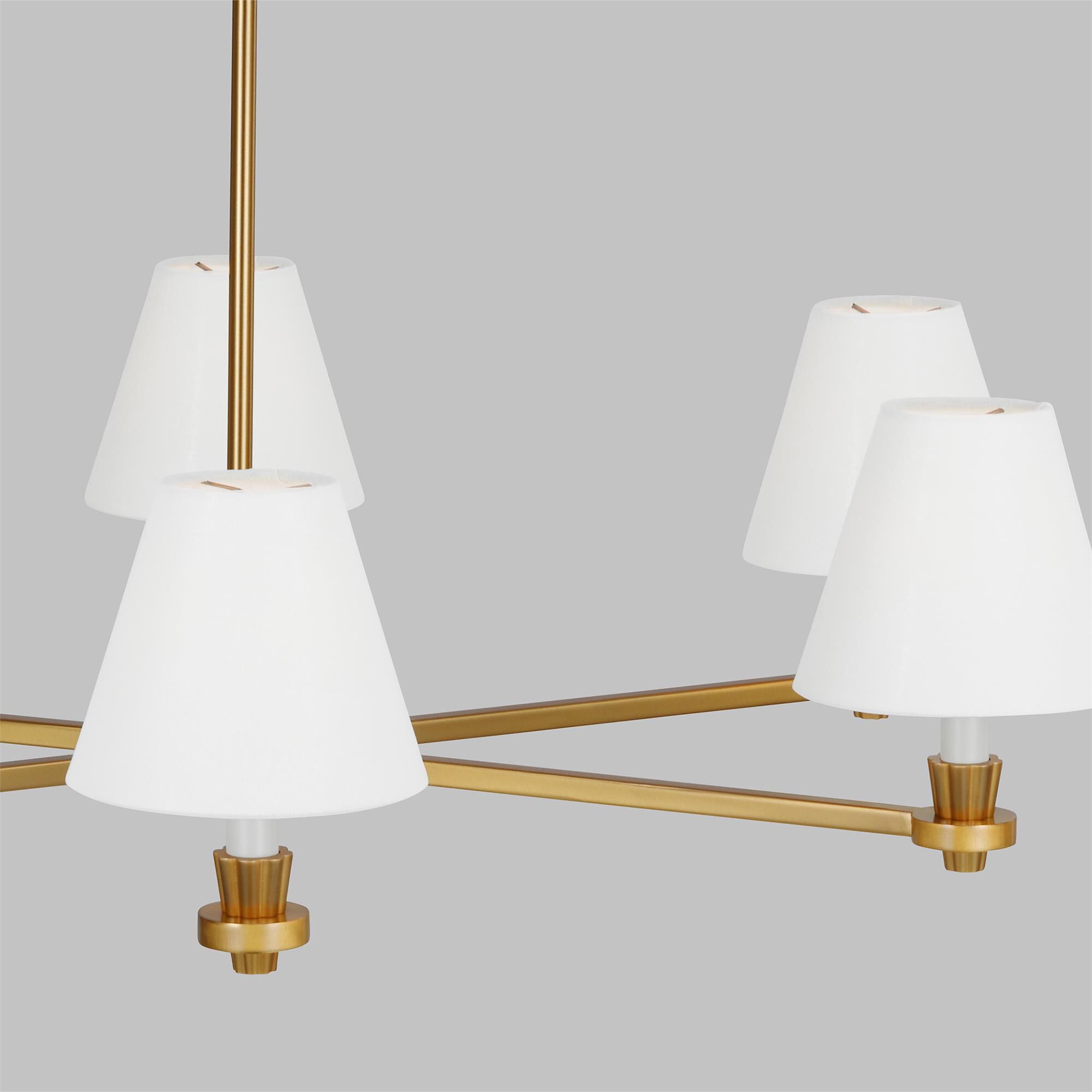 Shown in Burnished Brass finish and White Linen Fabric s shade