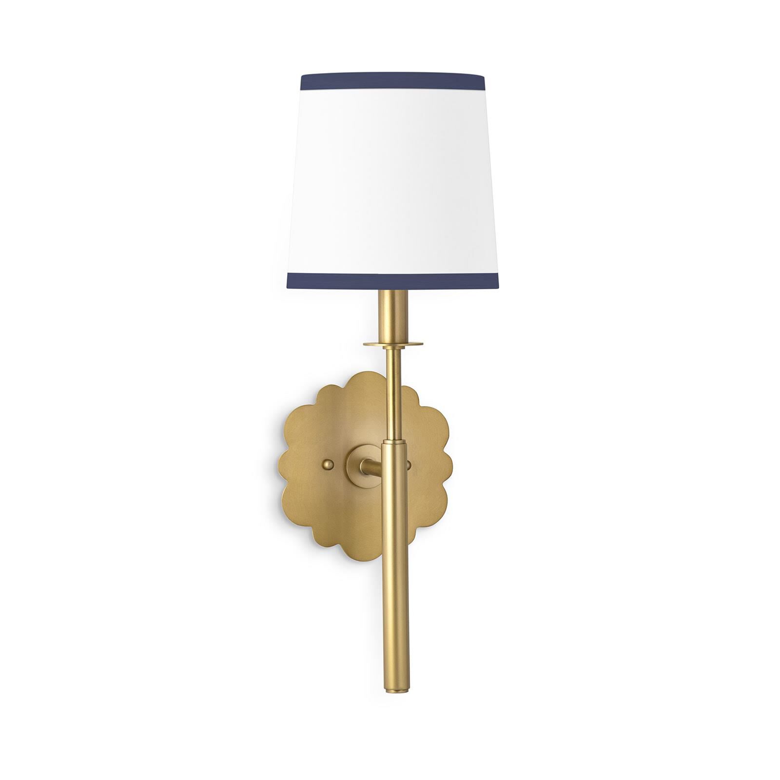 Shown in Natural Brass finish and Linen shade