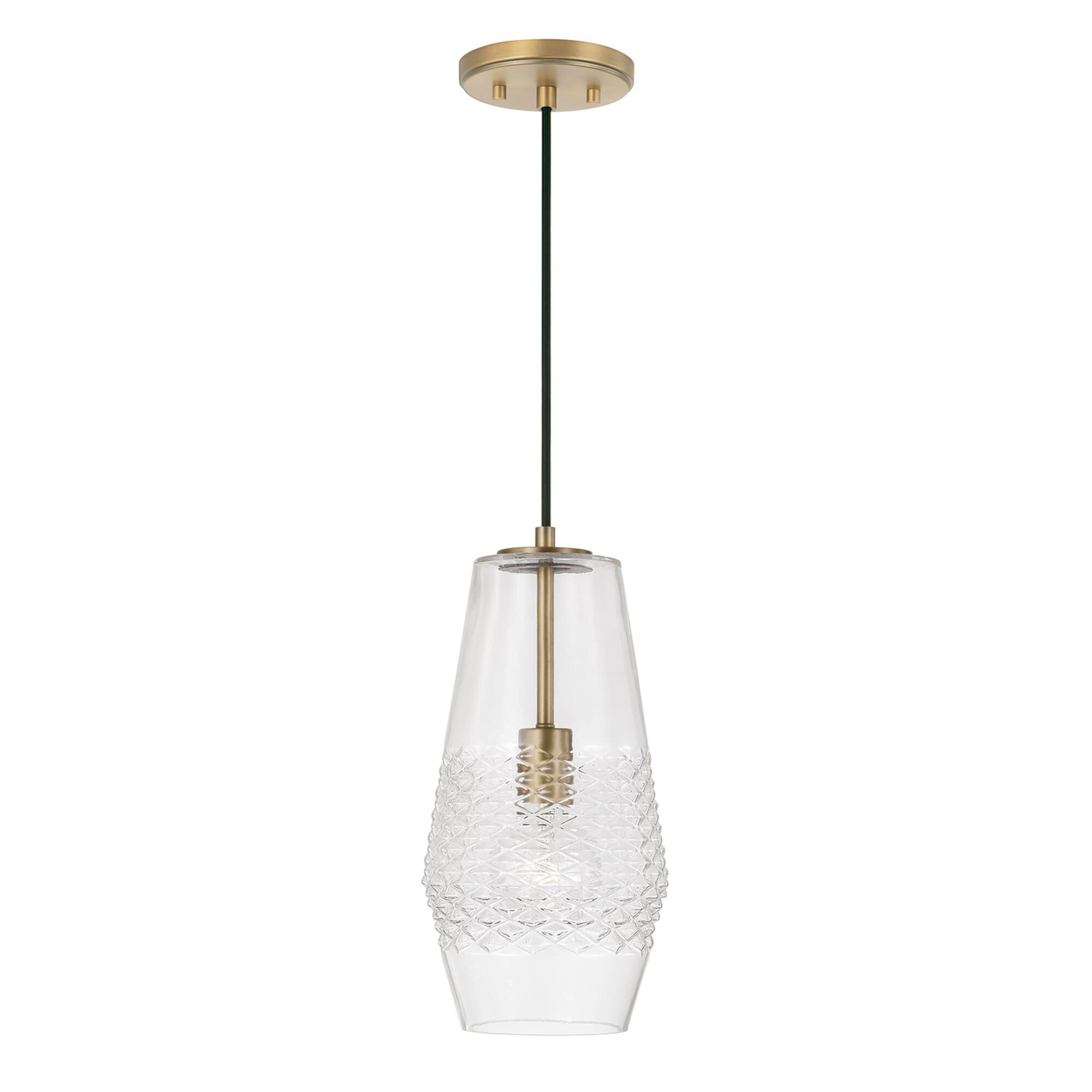 Shown in Aged Brass finish and Diamond Embossed glass