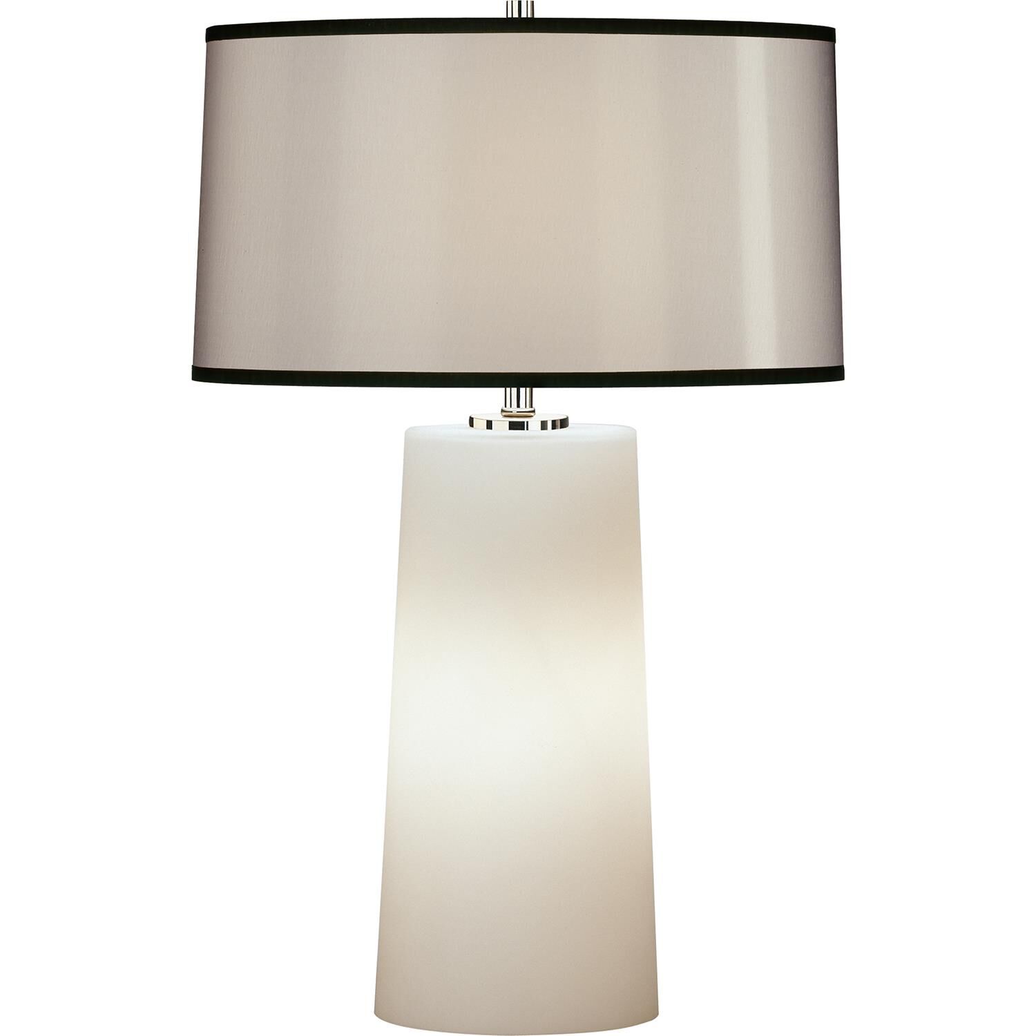 Shown in Frosted White Cased Glass Base With Night Light finish and Black Organza Fabric With Self-Fabric Top Diffuser shade