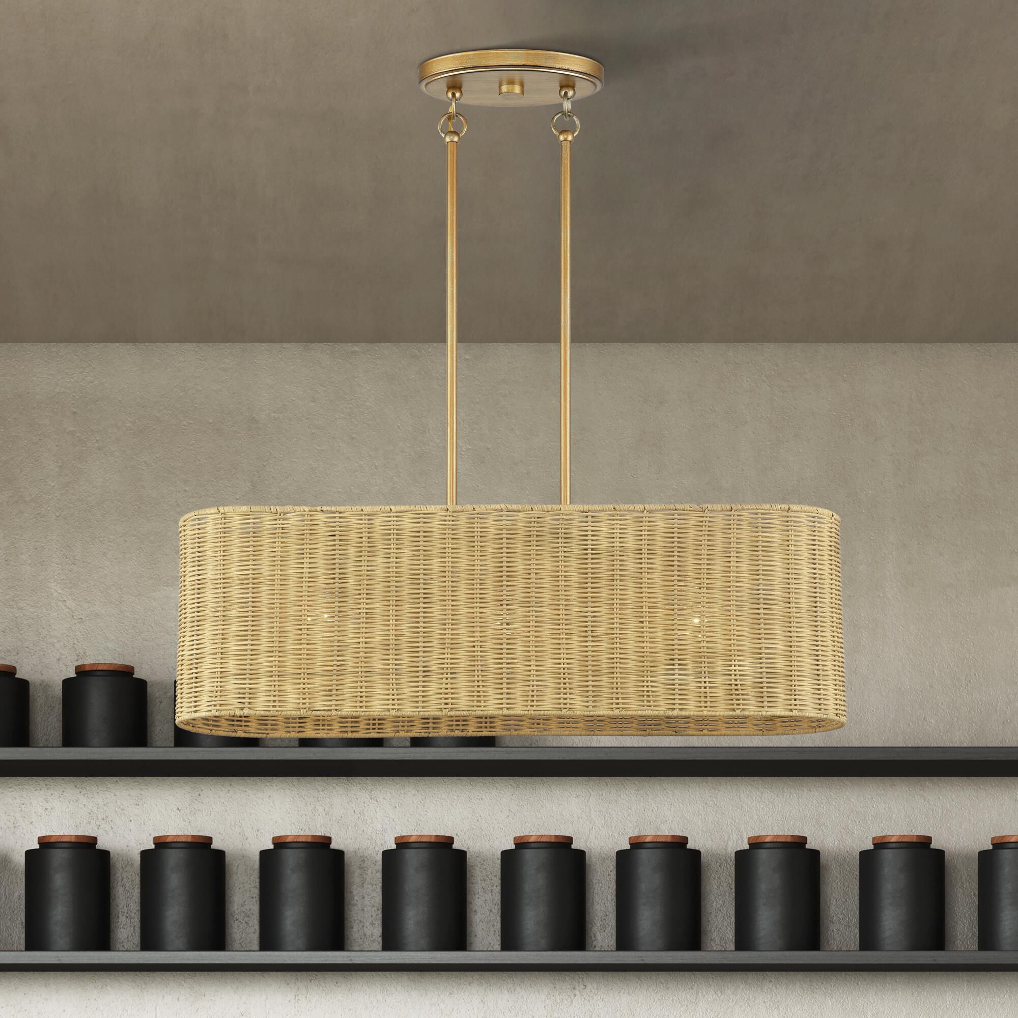 Shown in Antique Gold Leaf finish and Hand-Woven Rustic Walnut Color Rattan shade