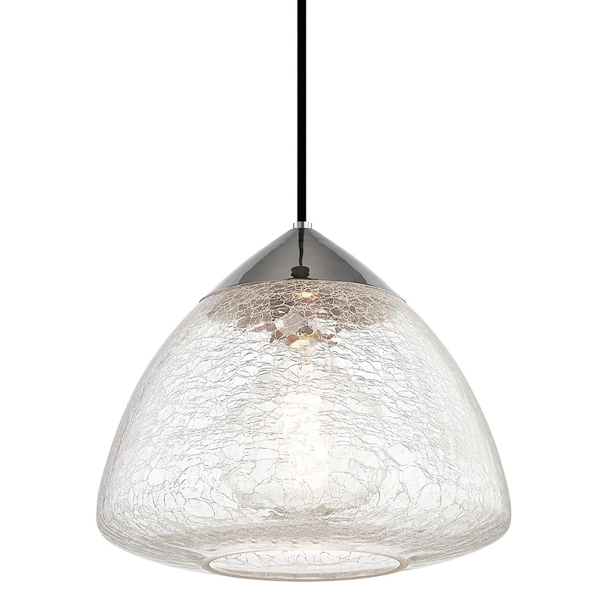 Shown in Polished Nickel finish and Clear Crackle glass