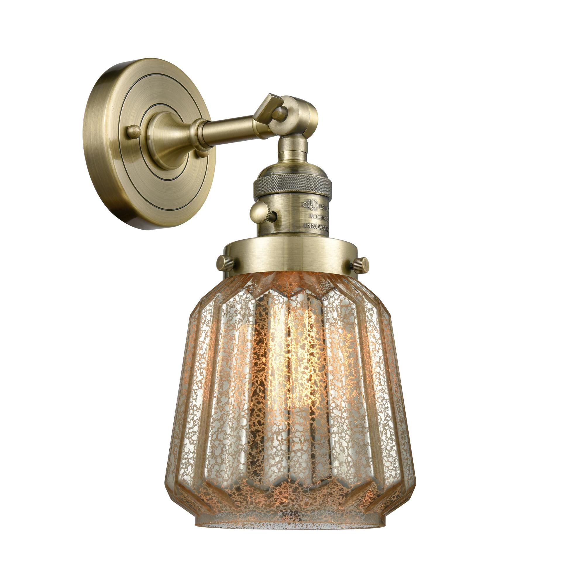 Shown in Antique Brass finish and Mercury Plated glass and Switch on Socket accent