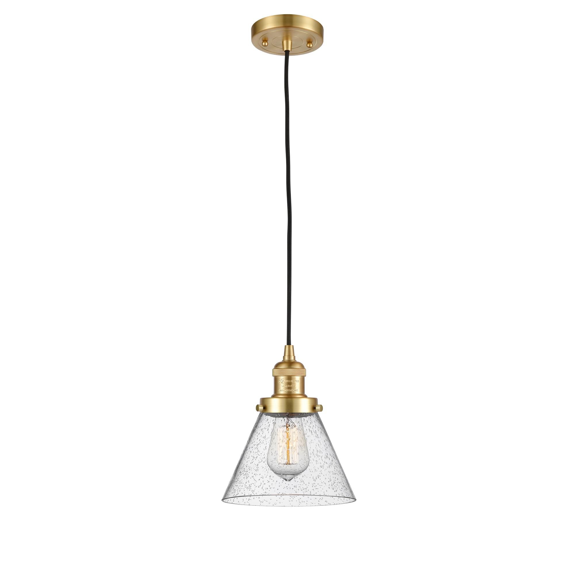 Shown in Satin Gold finish and Seedy Large Cone glass