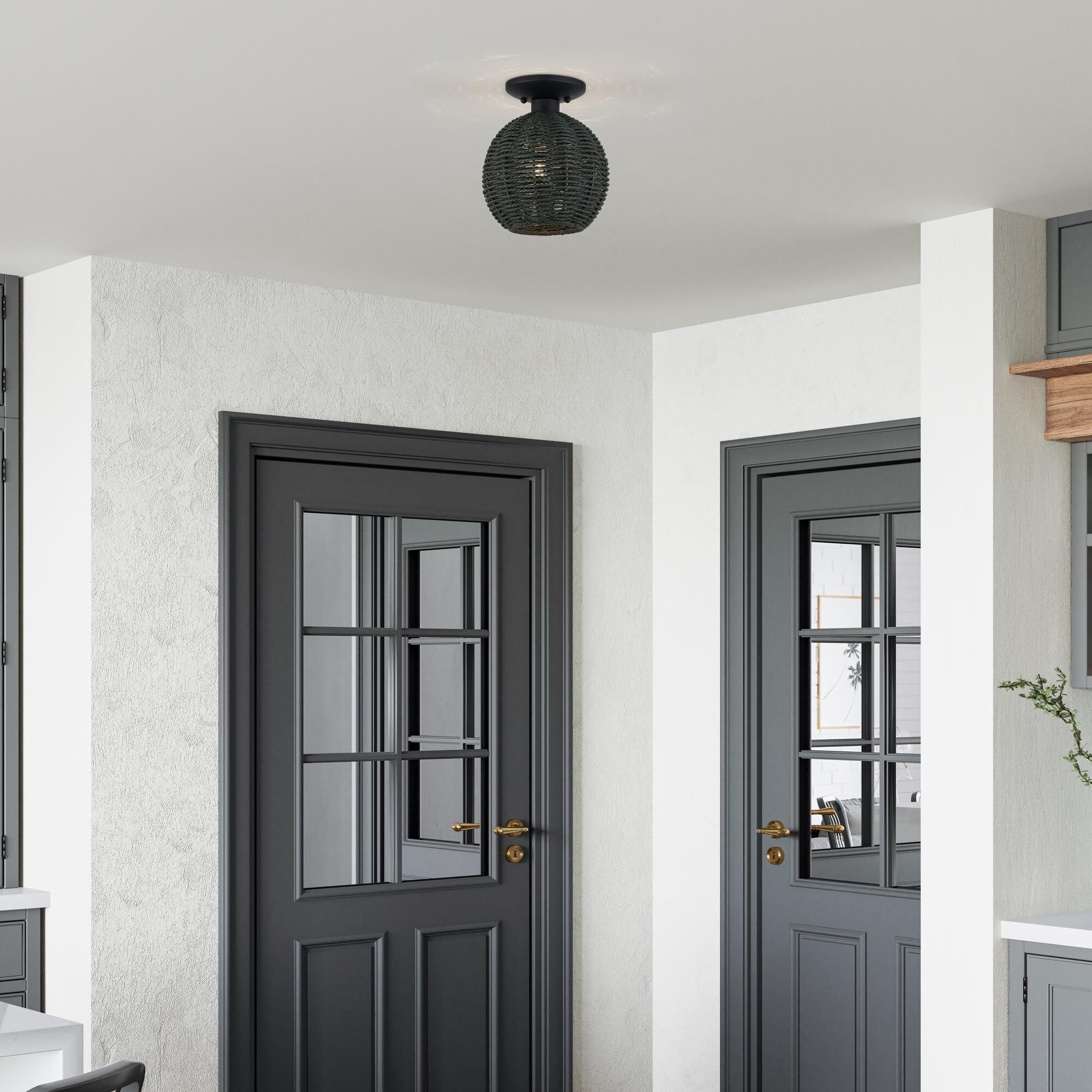 Shown in Black finish and Hand-Woven Midnight Black Color Paper Rope shade