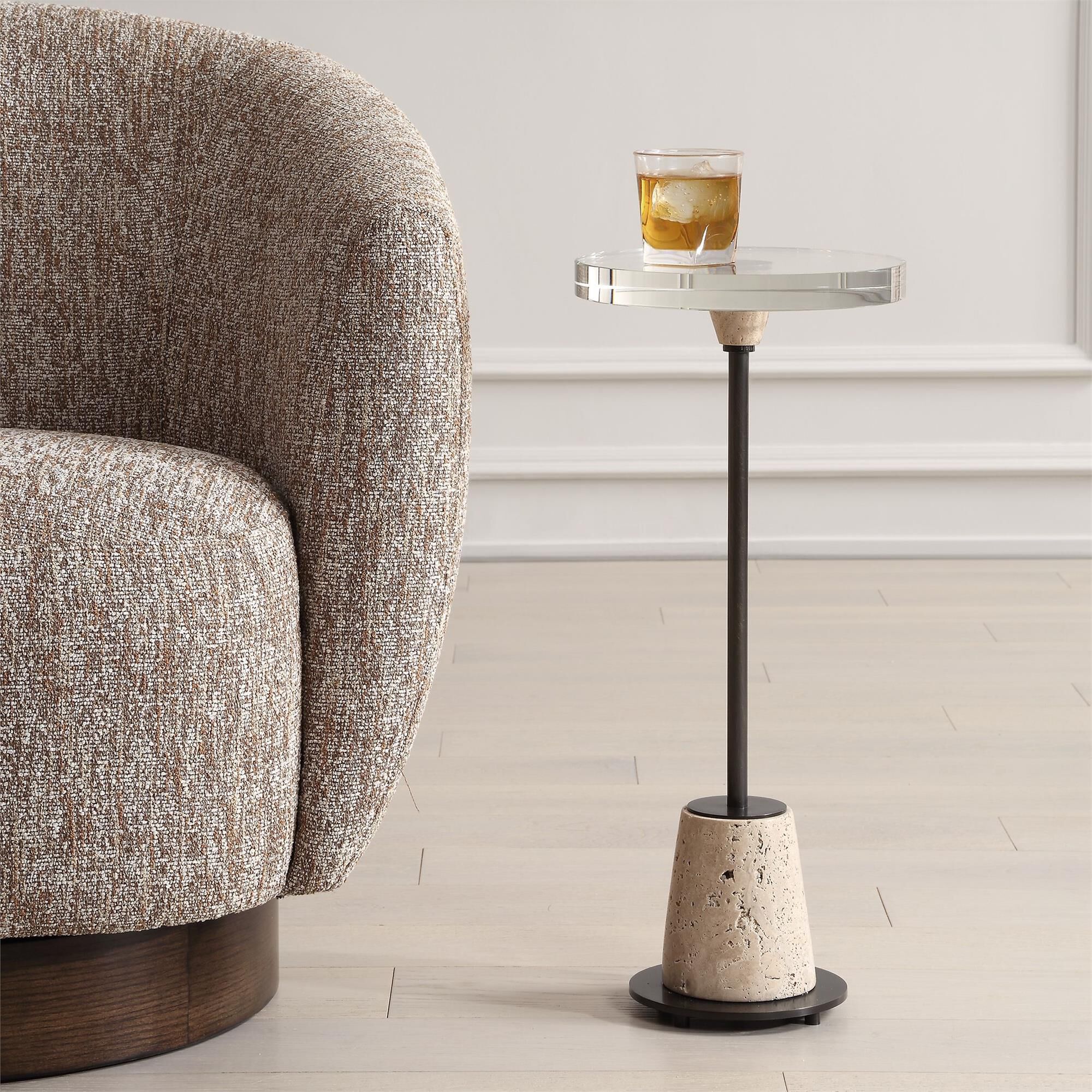 Shown in The Aurthur Accent Table Features A Thick Crystal Top, Honed And Unfilled Travertine, Paired With Br finish