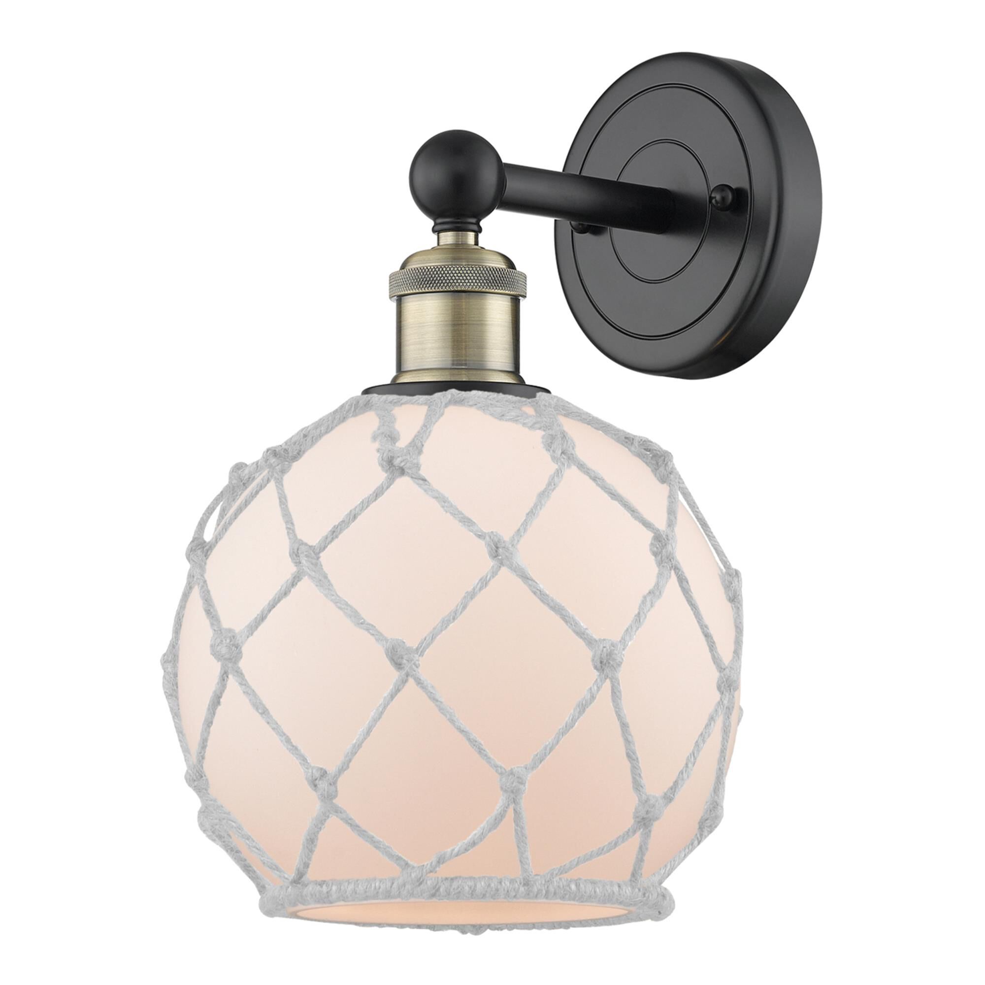 Shown in Black Antique Brass finish and White with White Rope glass