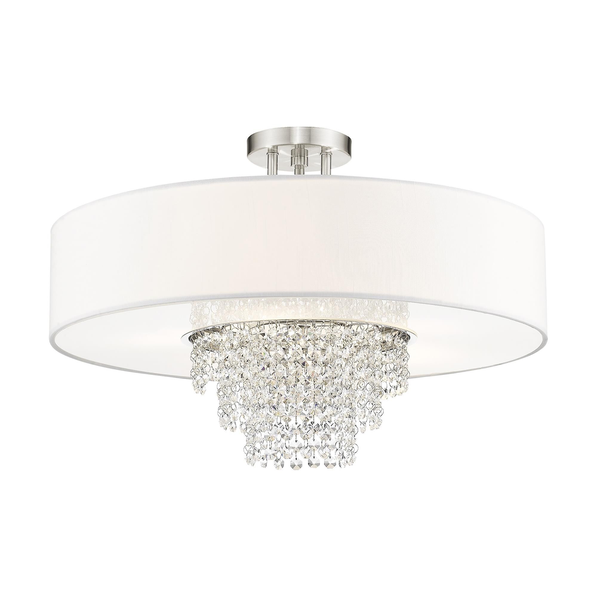 Shown in Brushed Nickel finish and Clear crystal and Off-White Sheer Organza shade