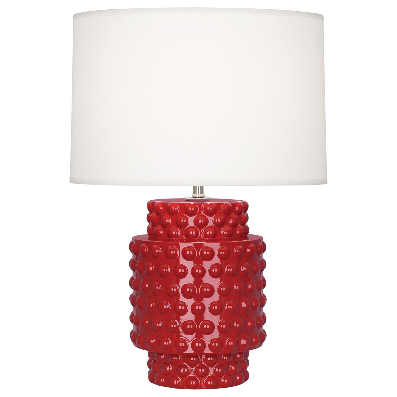 Shown in Ruby Red Glazed Textured Ceramic finish and Fondine Fabric shade