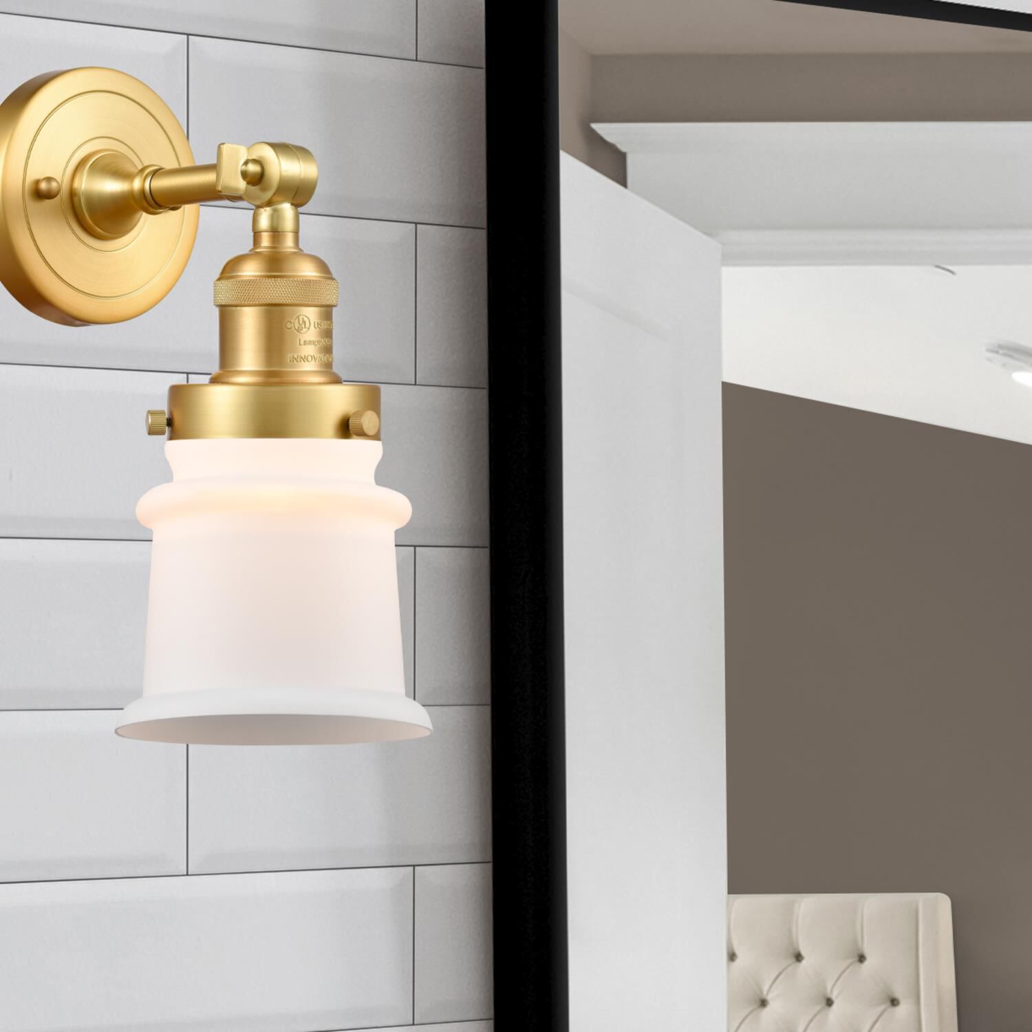 Shown in Satin Gold finish and Matte White Canton glass